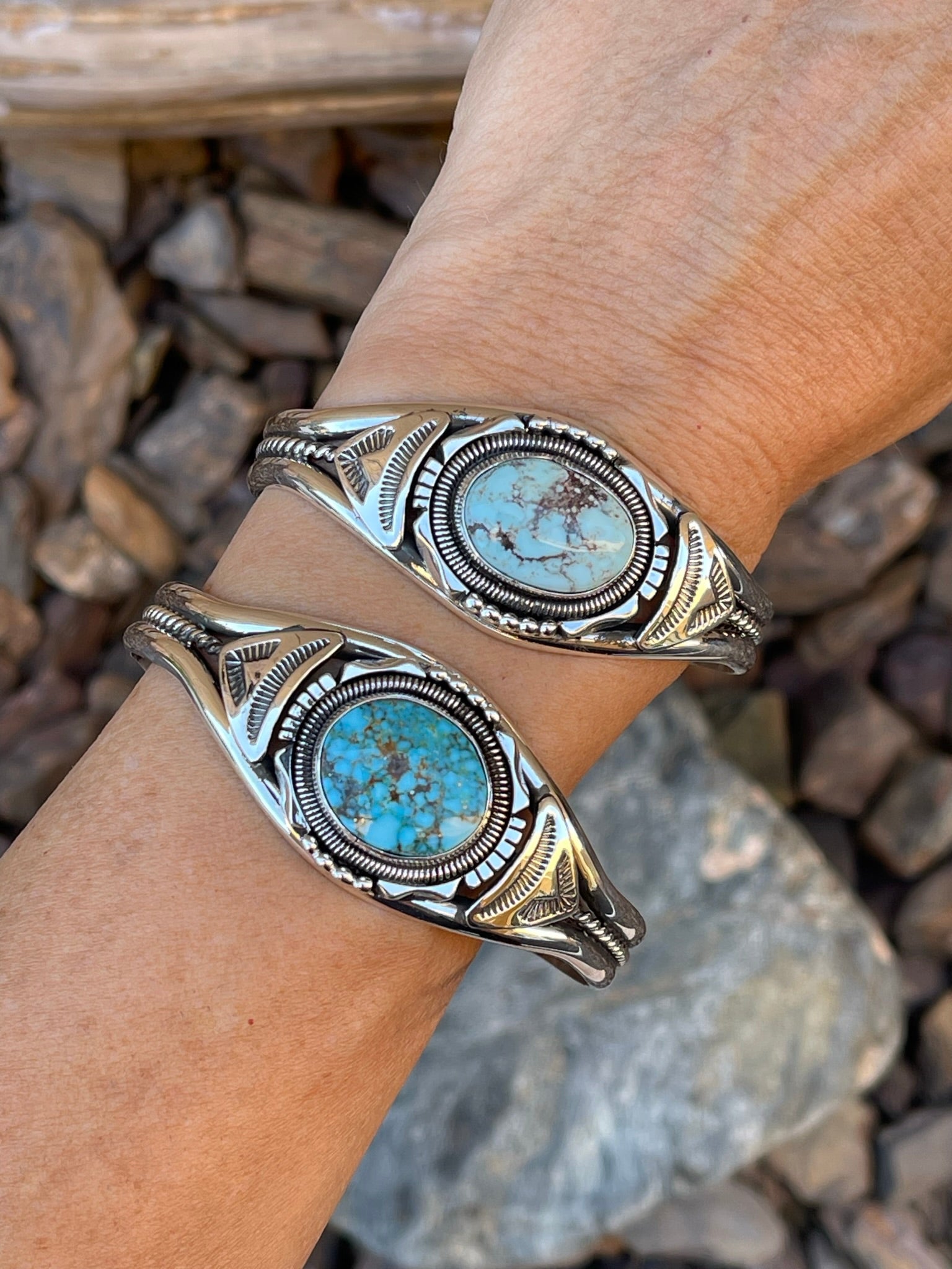 Handmade Sterling Silver Dry Creek Turquoise Bracelet with Coil Detail
