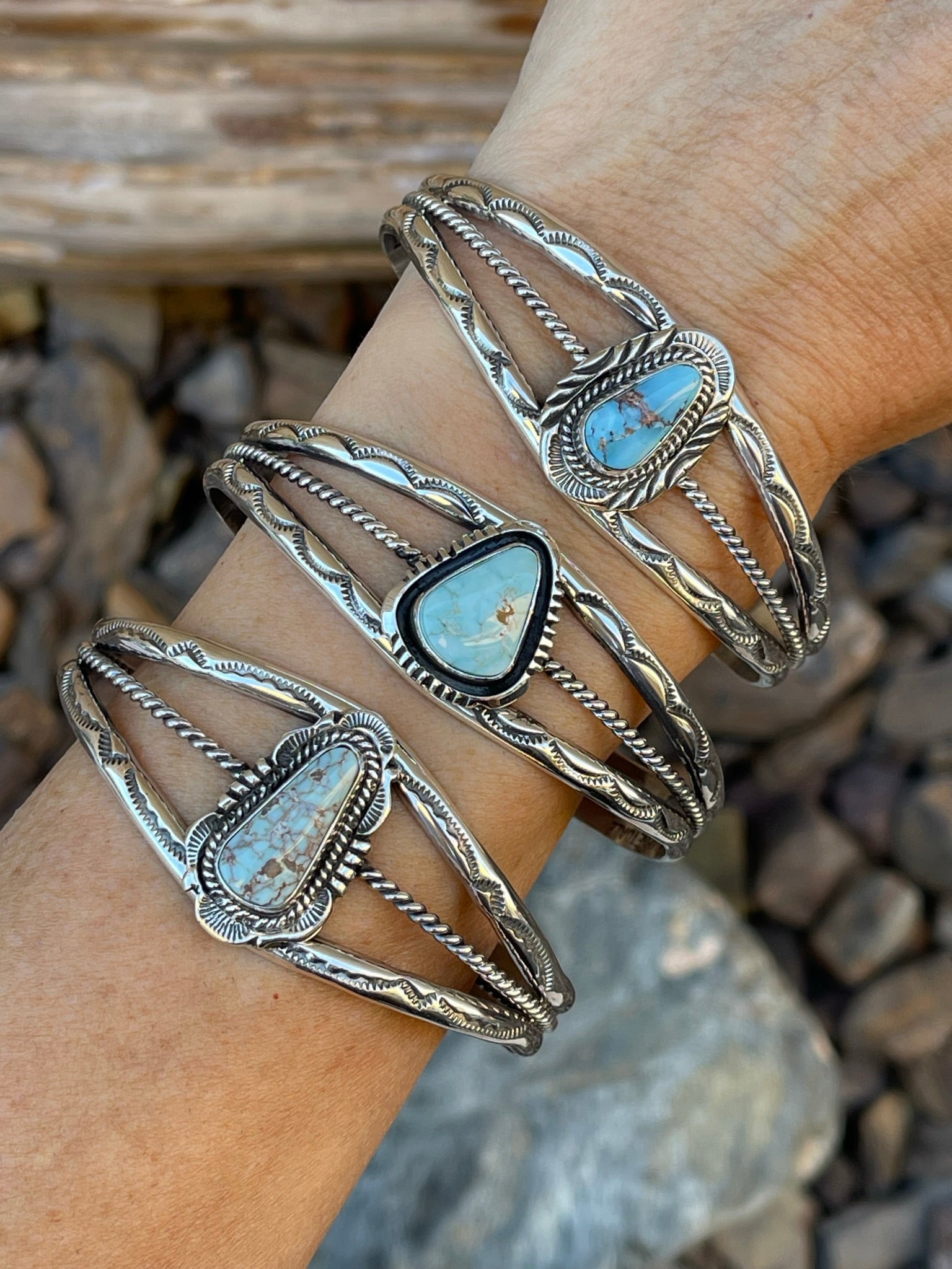 Signature Handmade Sterling Silver Dry Creek Turquoise Bracelet with Stamp Detail