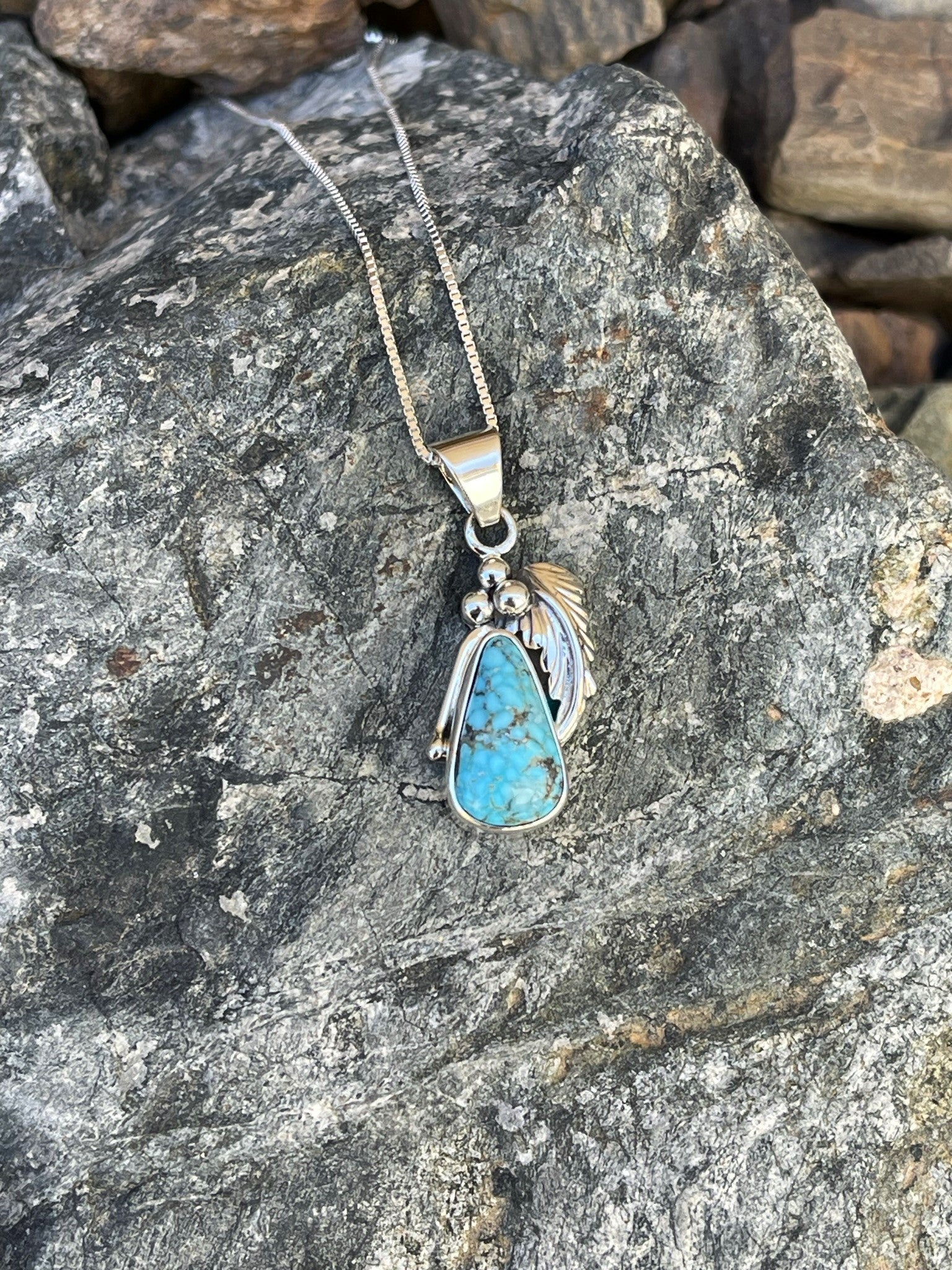 Hand Crafted Sterling Silver Turquoise Mountain Turquoise Necklace with Feather Detail