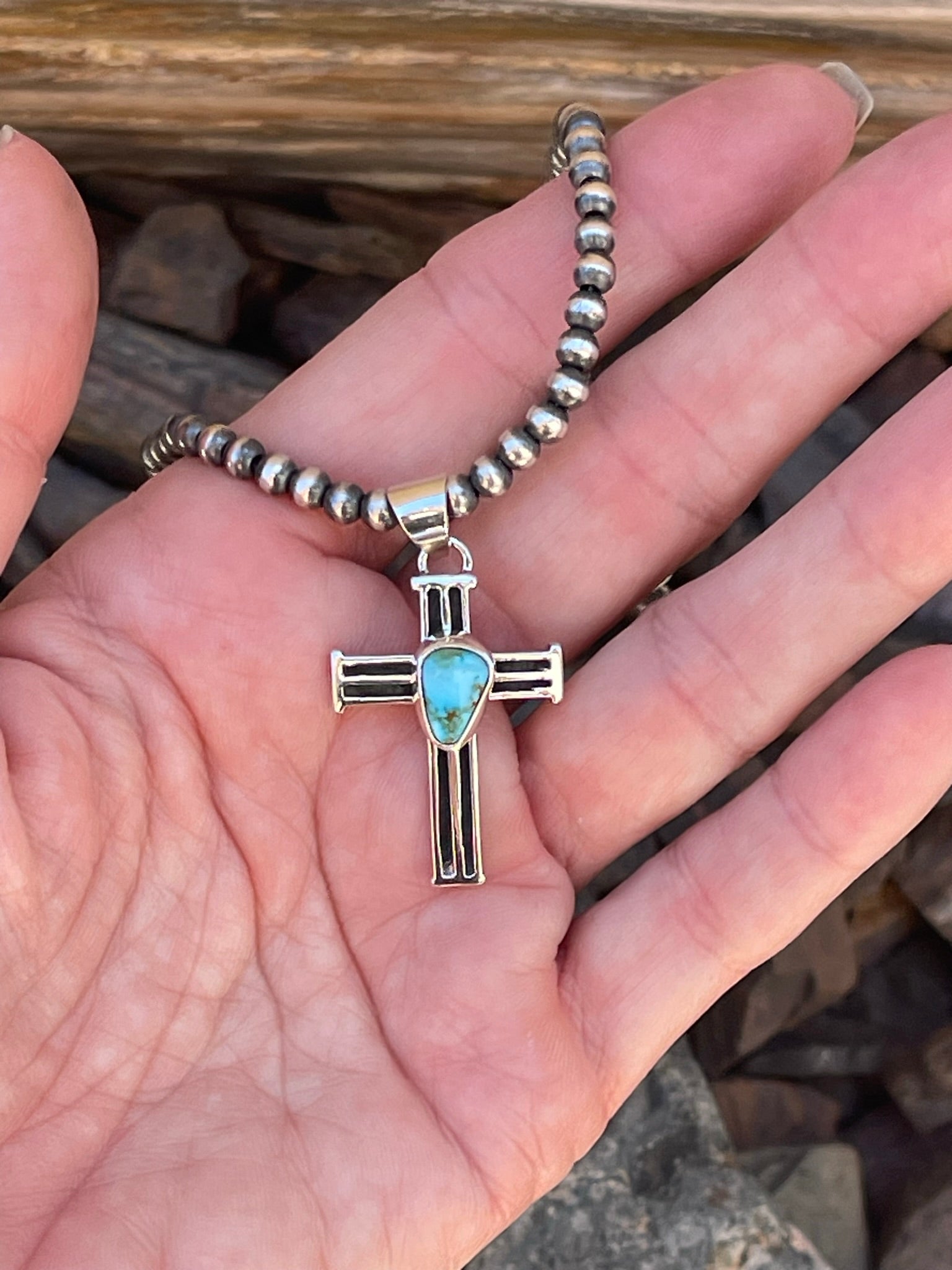 Handmade Solid Sterling Silver Turquoise Mountain Cross Pendant
