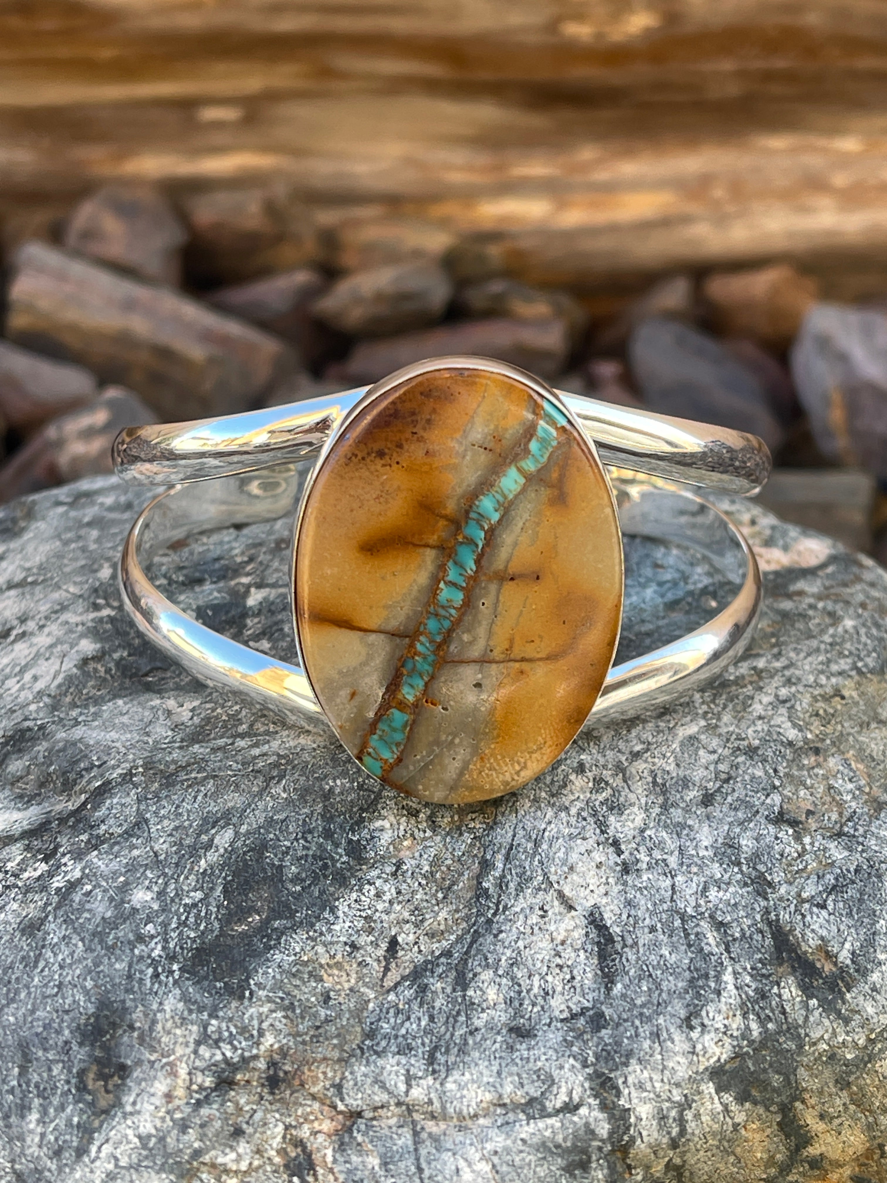 Handmade Solid Sterling Silver Boulder Ribbon Turquoise Bracelet