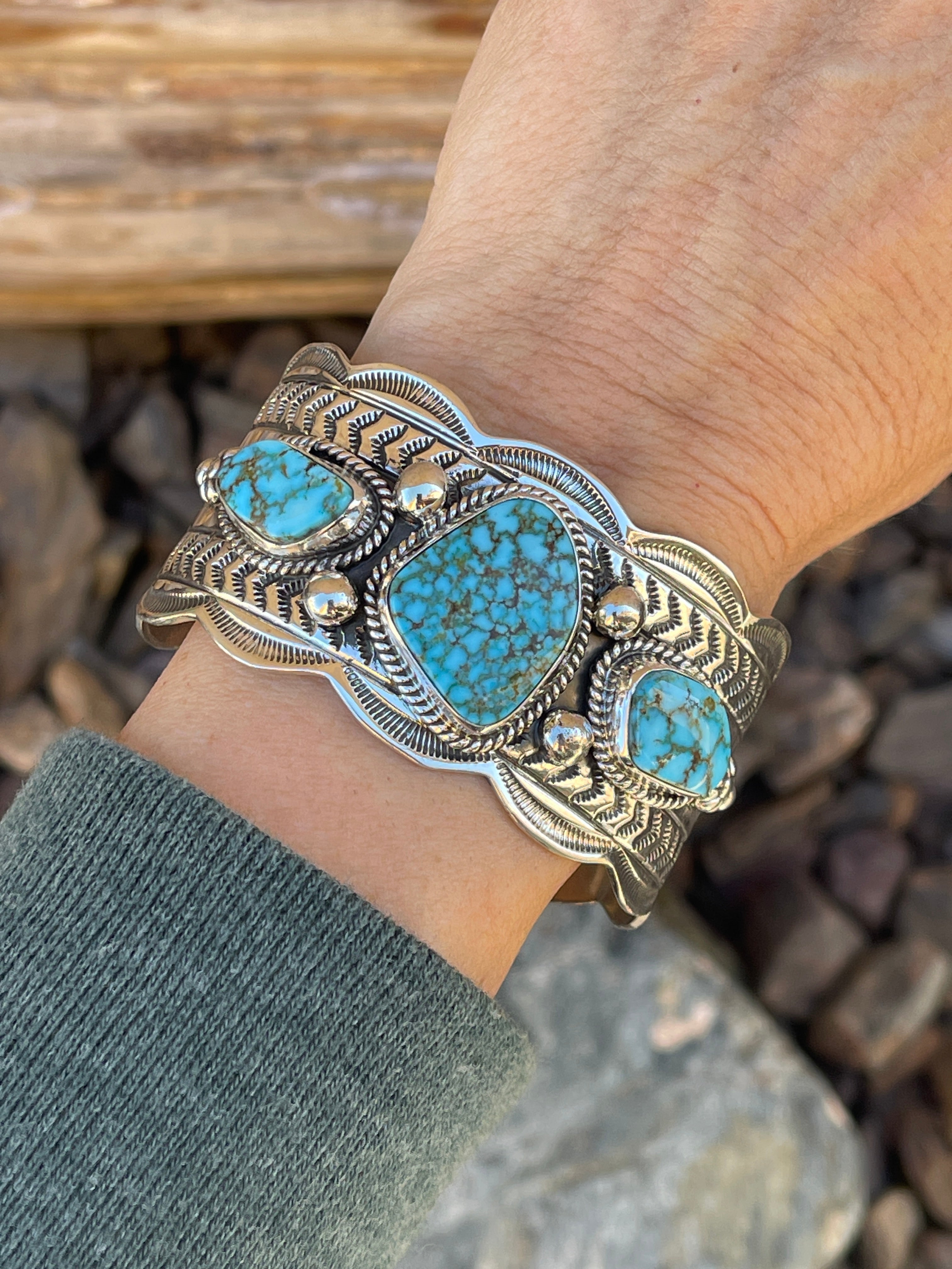 Handmade Heavy Gauge Solid Sterling Silver Three Stone Turquoise Mountain Bracelet