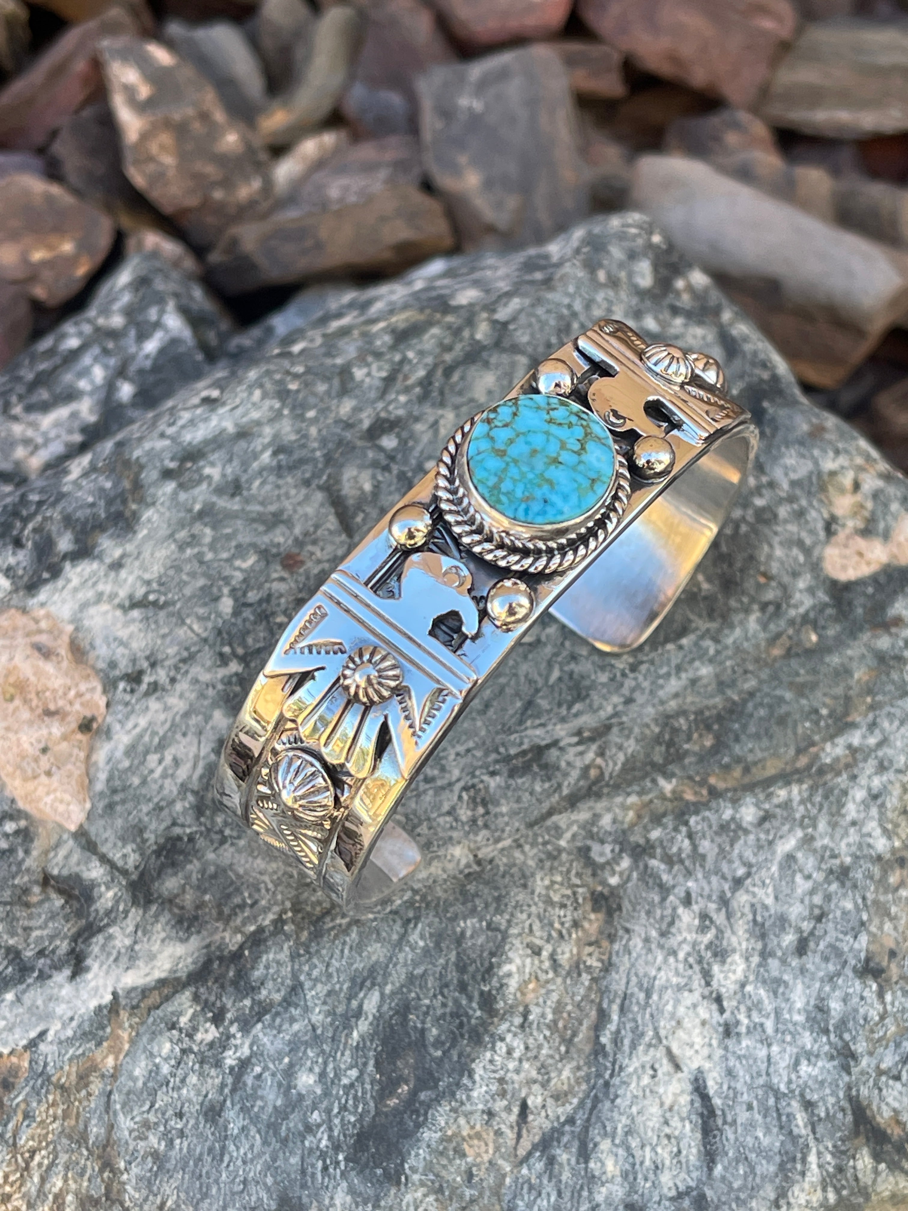 Handmade Solid Sterling Silver Turquoise Mountain Bracelet with Thunderbird Detail