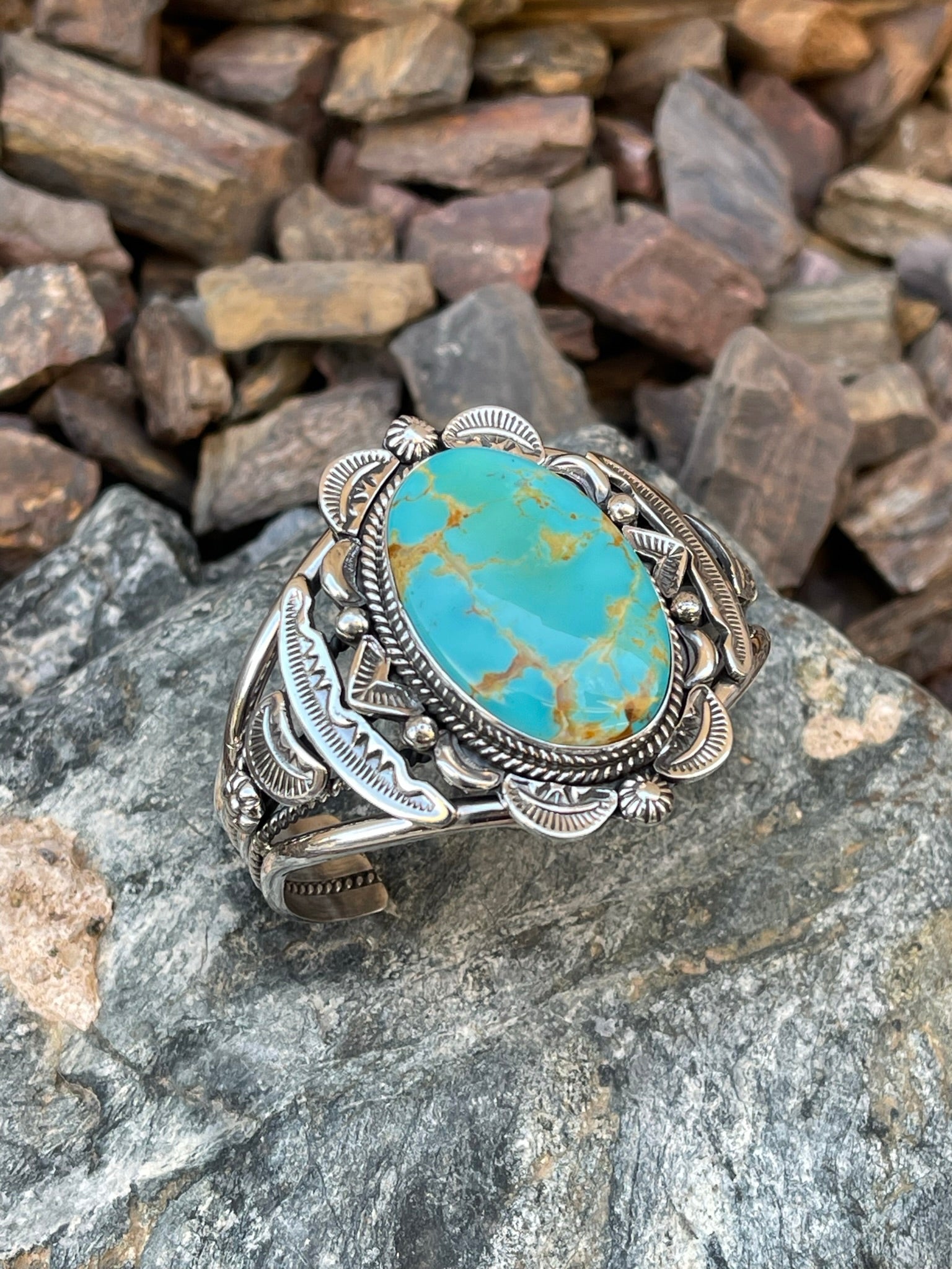 Handmade Solid Sterling Silver Royston Turquoise Bracelet with Stamp Detail