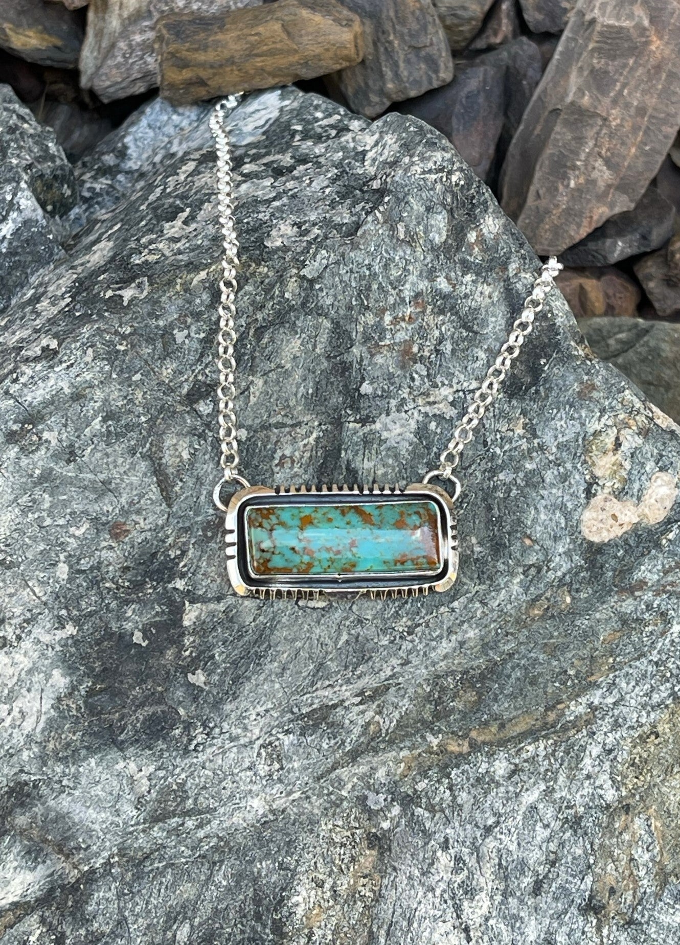 Handmade Solid Sterling Silver Kingman Turquoise Bar Necklace with Shadow Box Trim