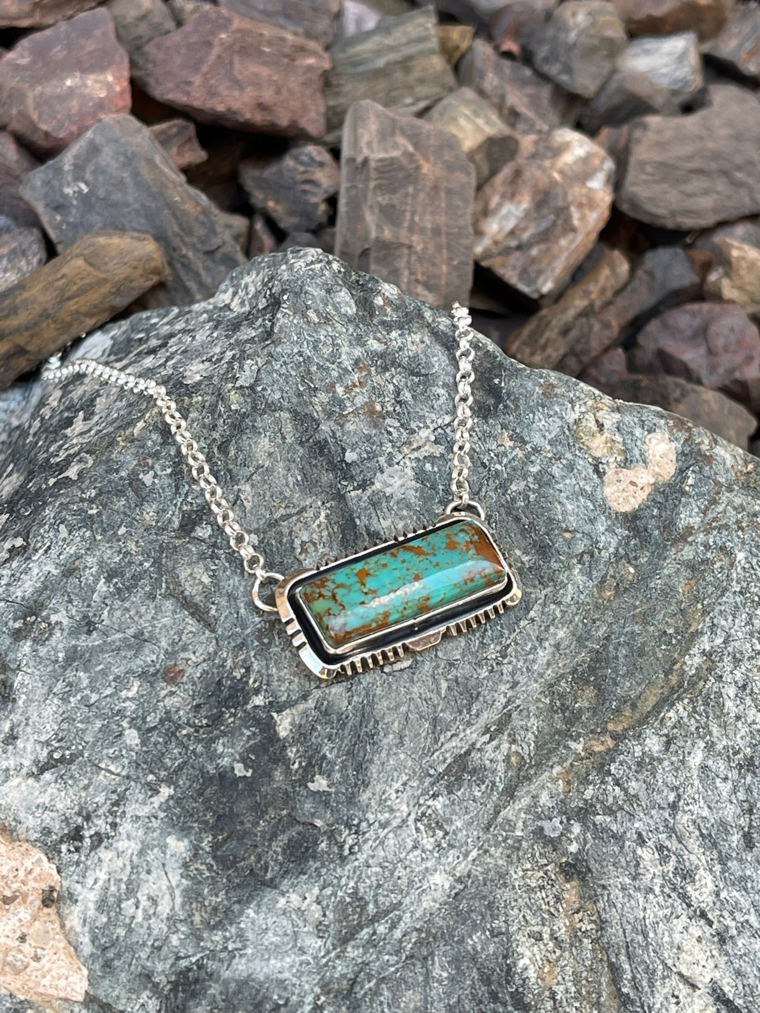 Handmade Solid Sterling Silver Kingman Turquoise Bar Necklace with Shadow Box Trim