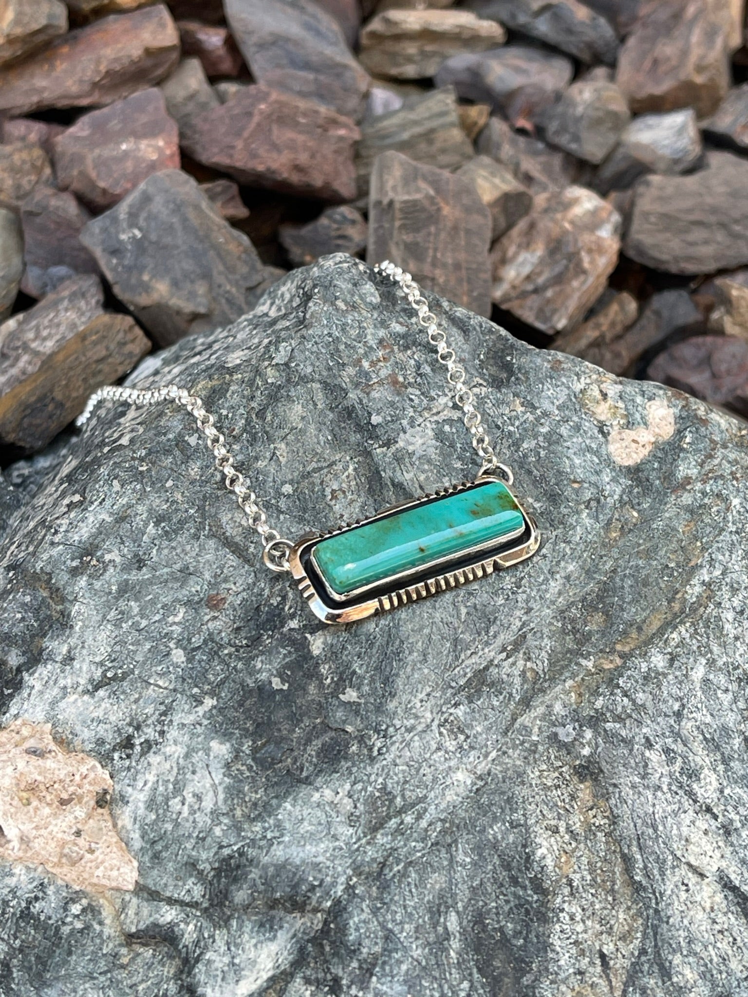Sterling Silver Kingman Turquoise Bar Necklace with Shadow Box Trim
