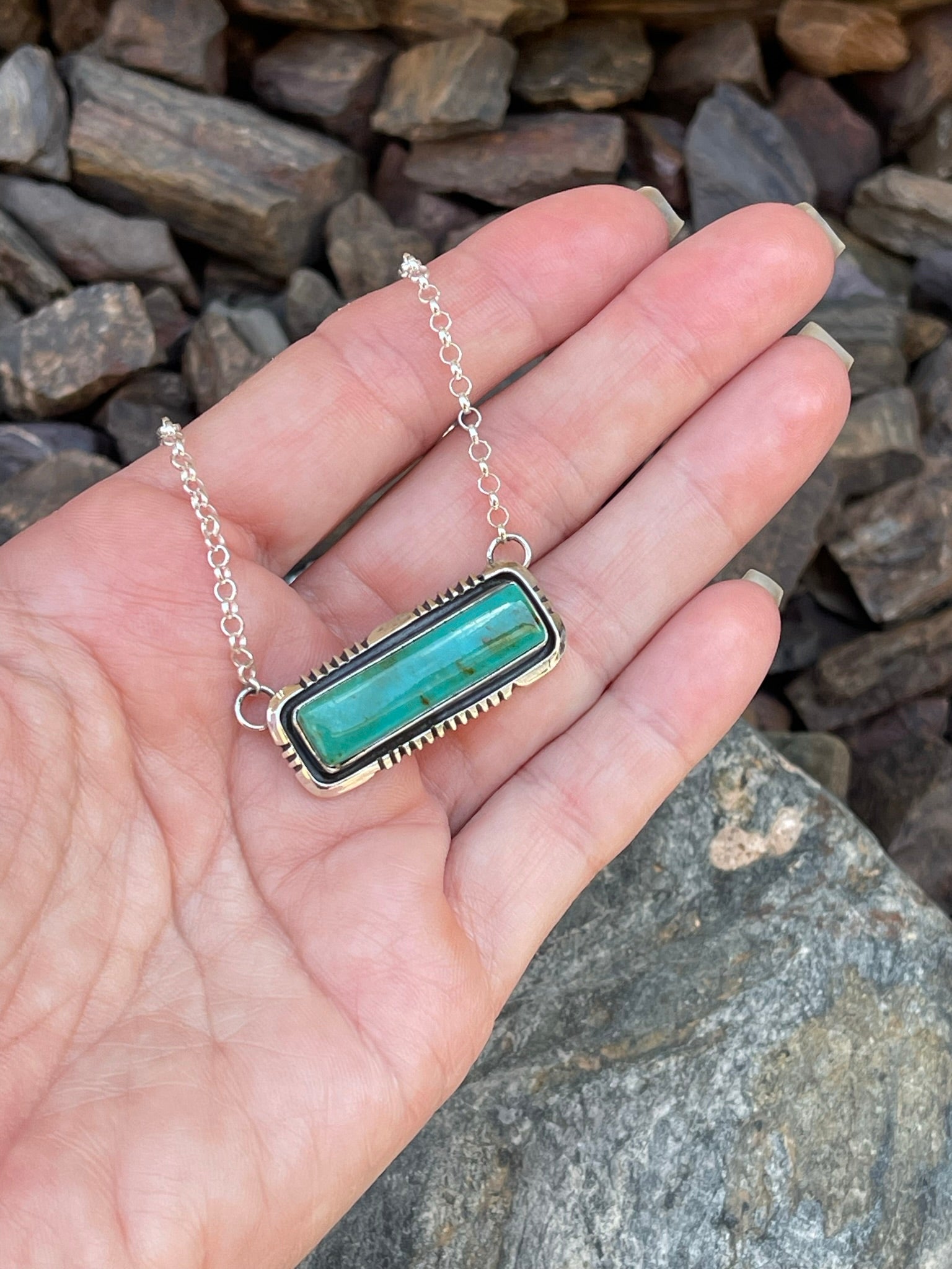 Sterling Silver Kingman Turquoise Bar Necklace with Shadow Box Trim