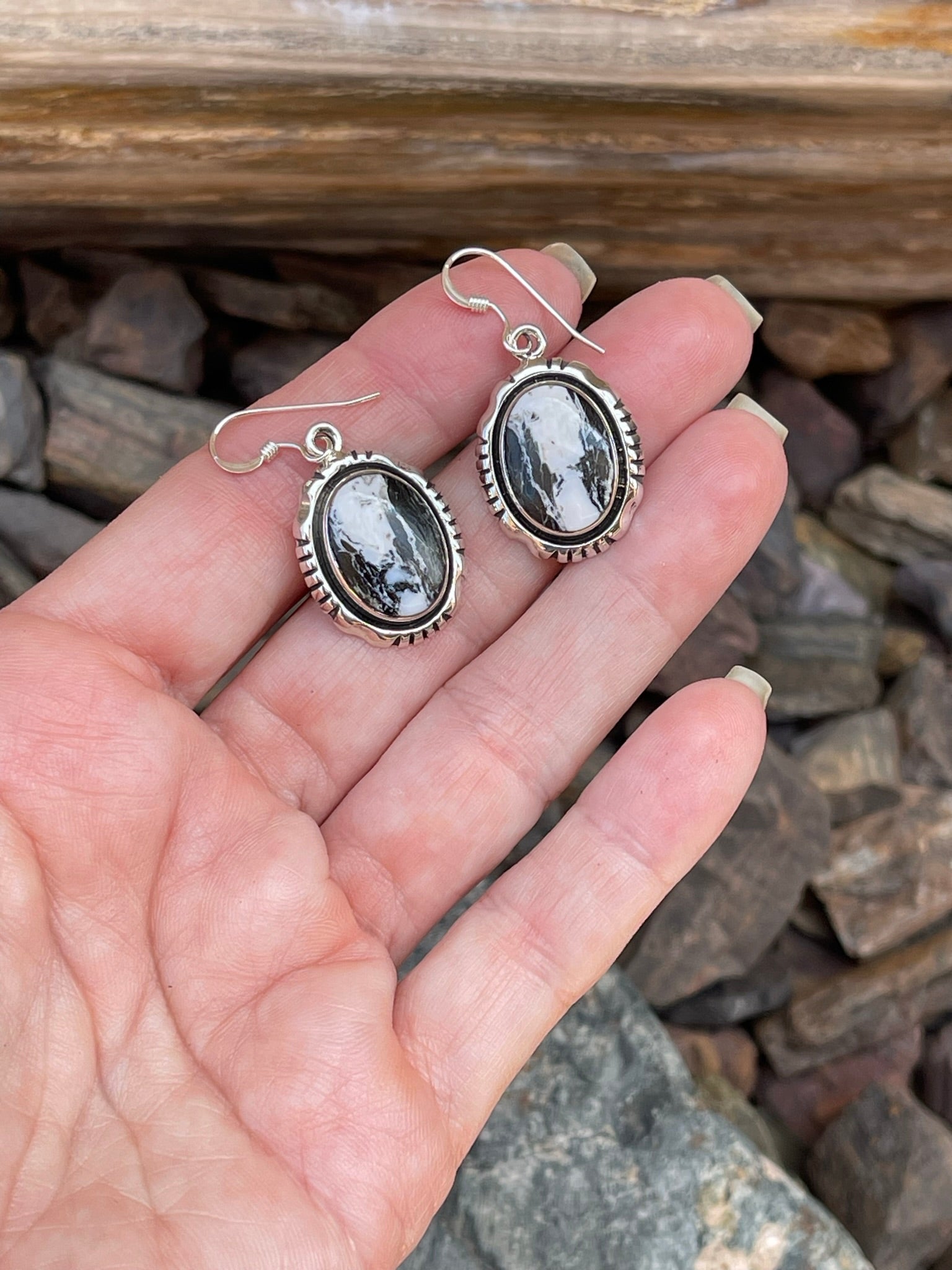 Hand Crafted Sterling Silver White Buffalo Dangle Earrings with Shadow Box Trim