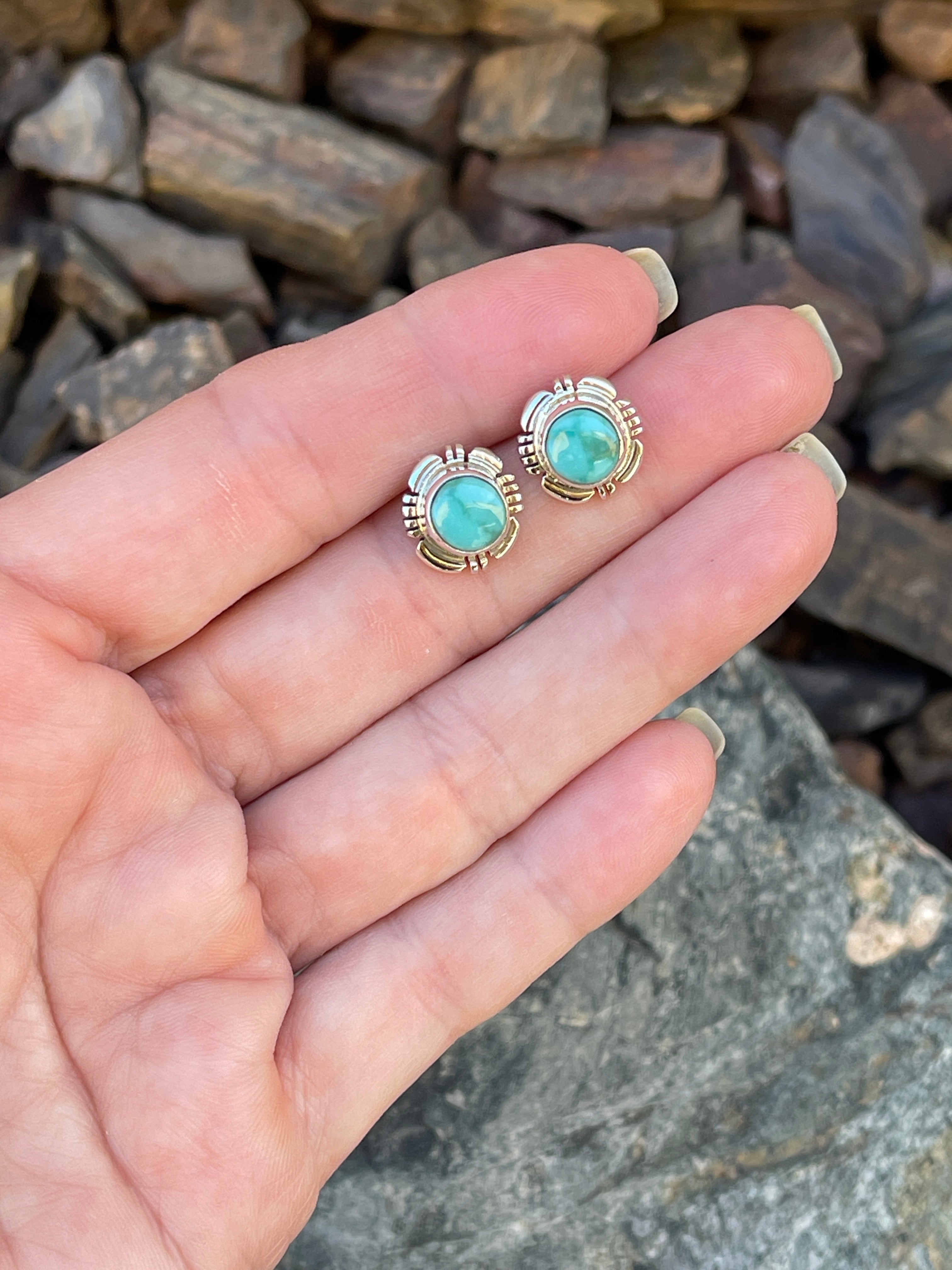 Small Round Hand Crafted Solid Sterling Silver Turquoise Mountain Turquoise Stud Earrings