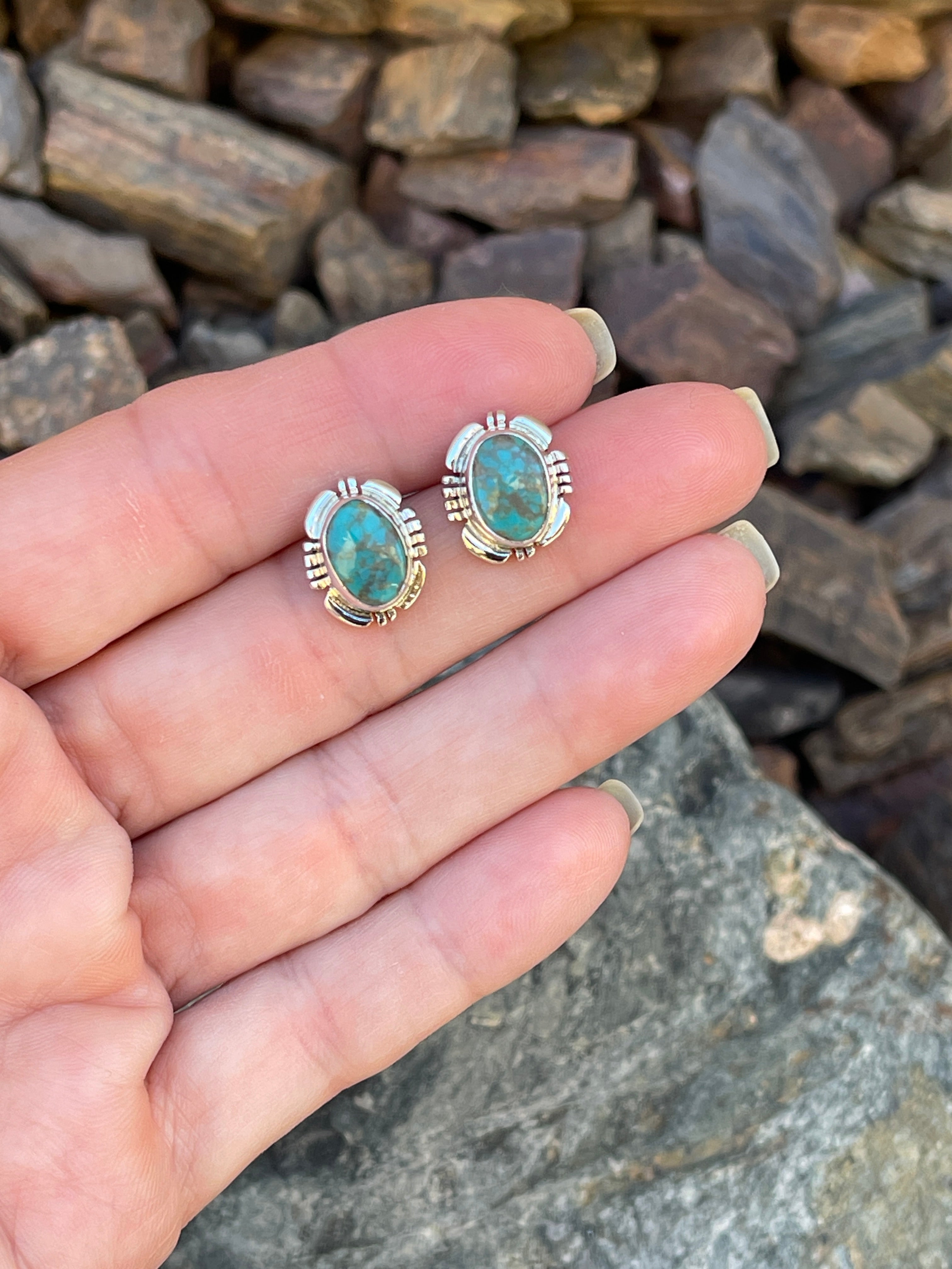 Small Oval Handmade Sterling Silver Kingman Turquoise Stud Earrings