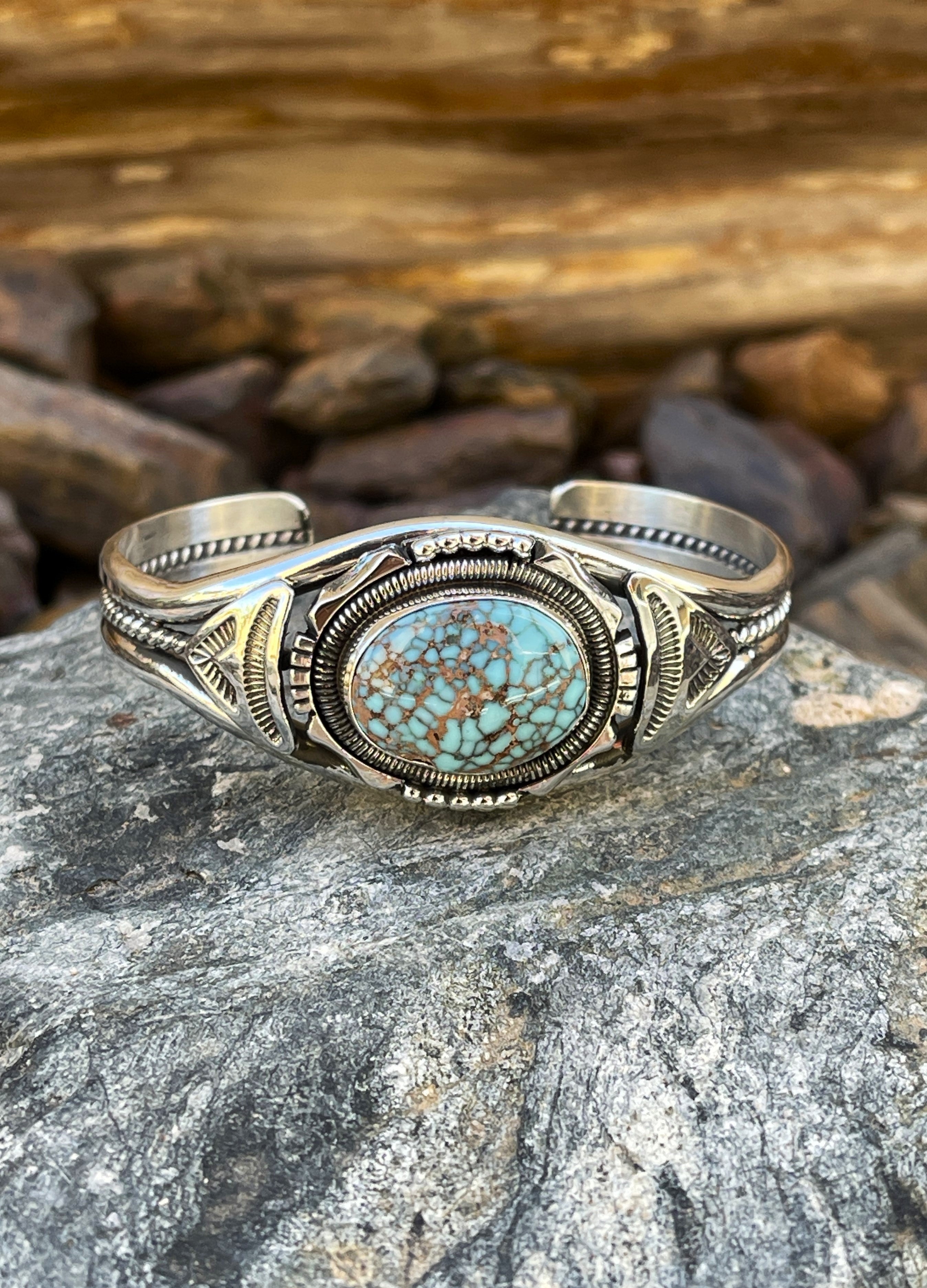 Handmade Solid Sterling Silver Dry Creek Turquoise Bracelet with Coil and Bead Accent