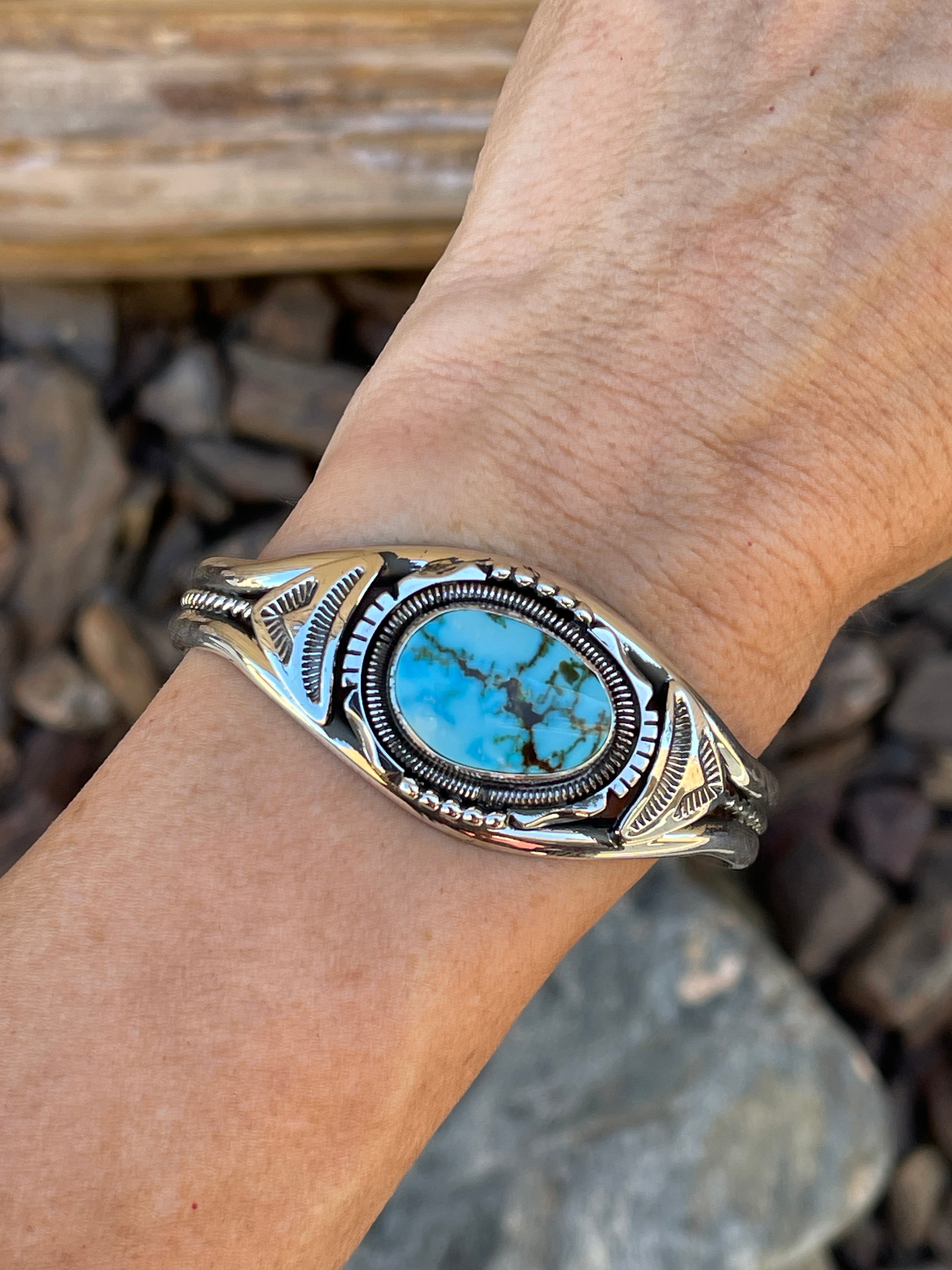 Handmade Solid Sterling Silver Turquoise Mountain Turquoise Bracelet with Coil Accent