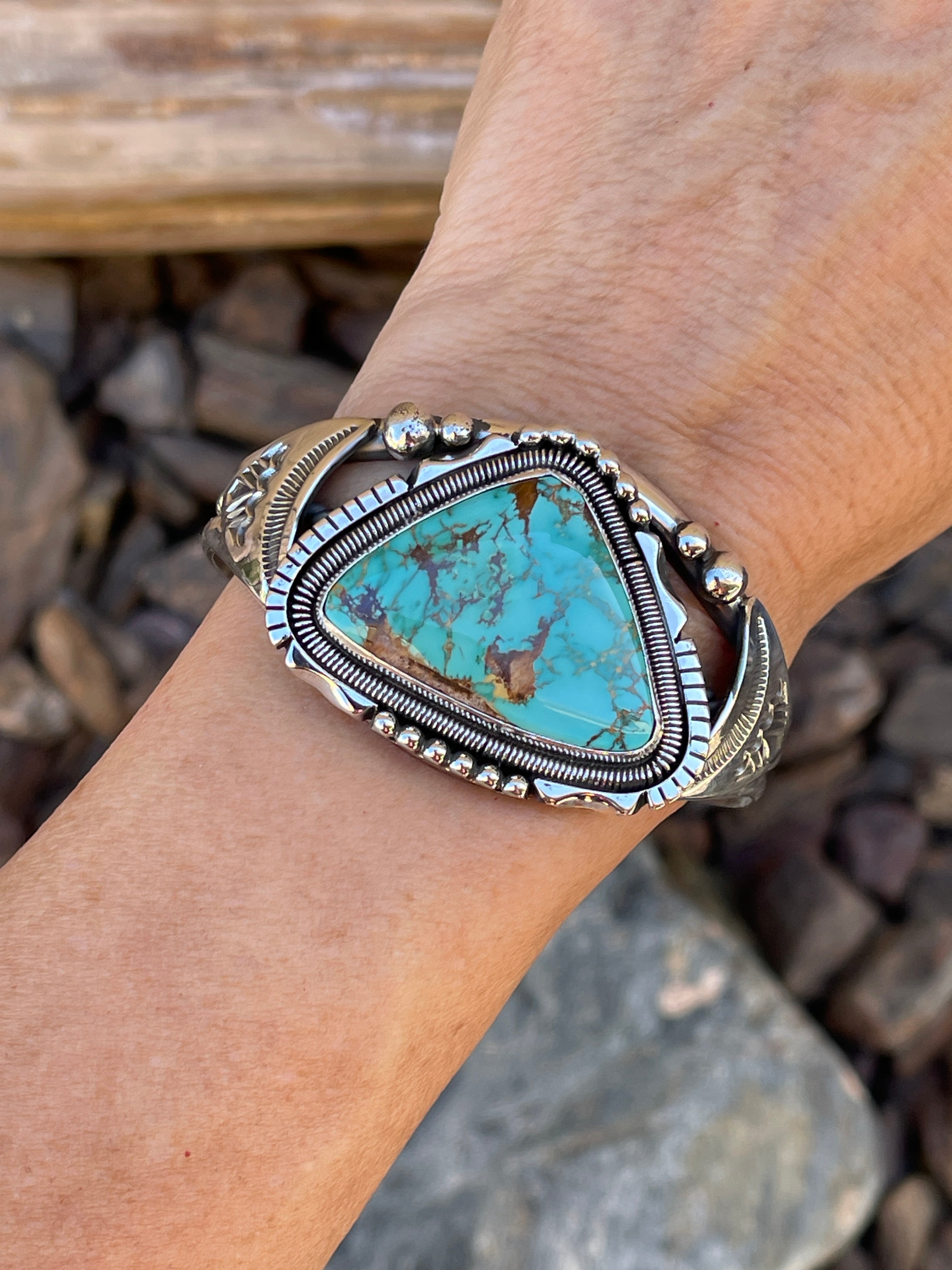 Large Handmade Solid Sterling Silver Royston Turquoise Bracelet with Coil Detail
