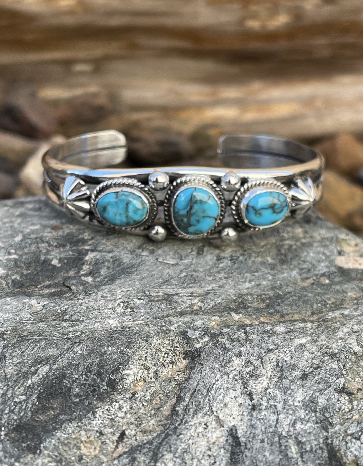 Handmade Sterling Silver Three Stone Turquoise Bracelet
