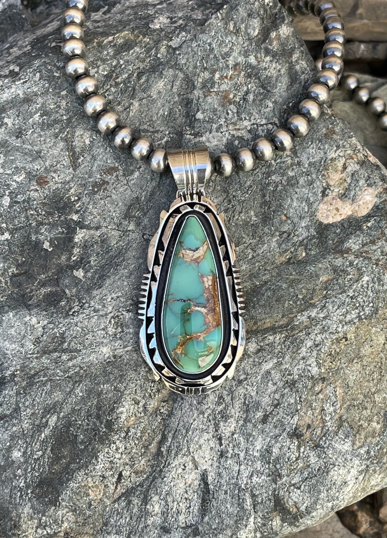 Gorgeous Handmade Sterling Silver Royston Turquoise Pendant with Double Stack Trim