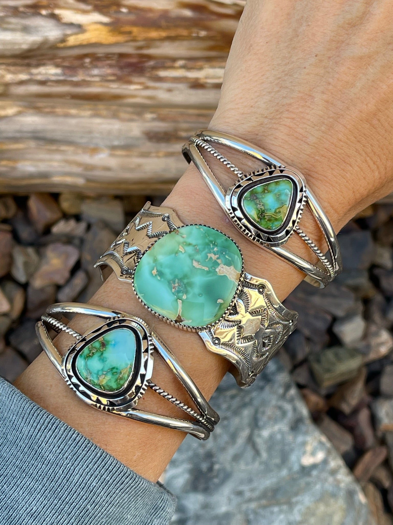 Gorgeous Sterling Silver Sonoran Gold Turquoise Double Stack Trim Bracelet