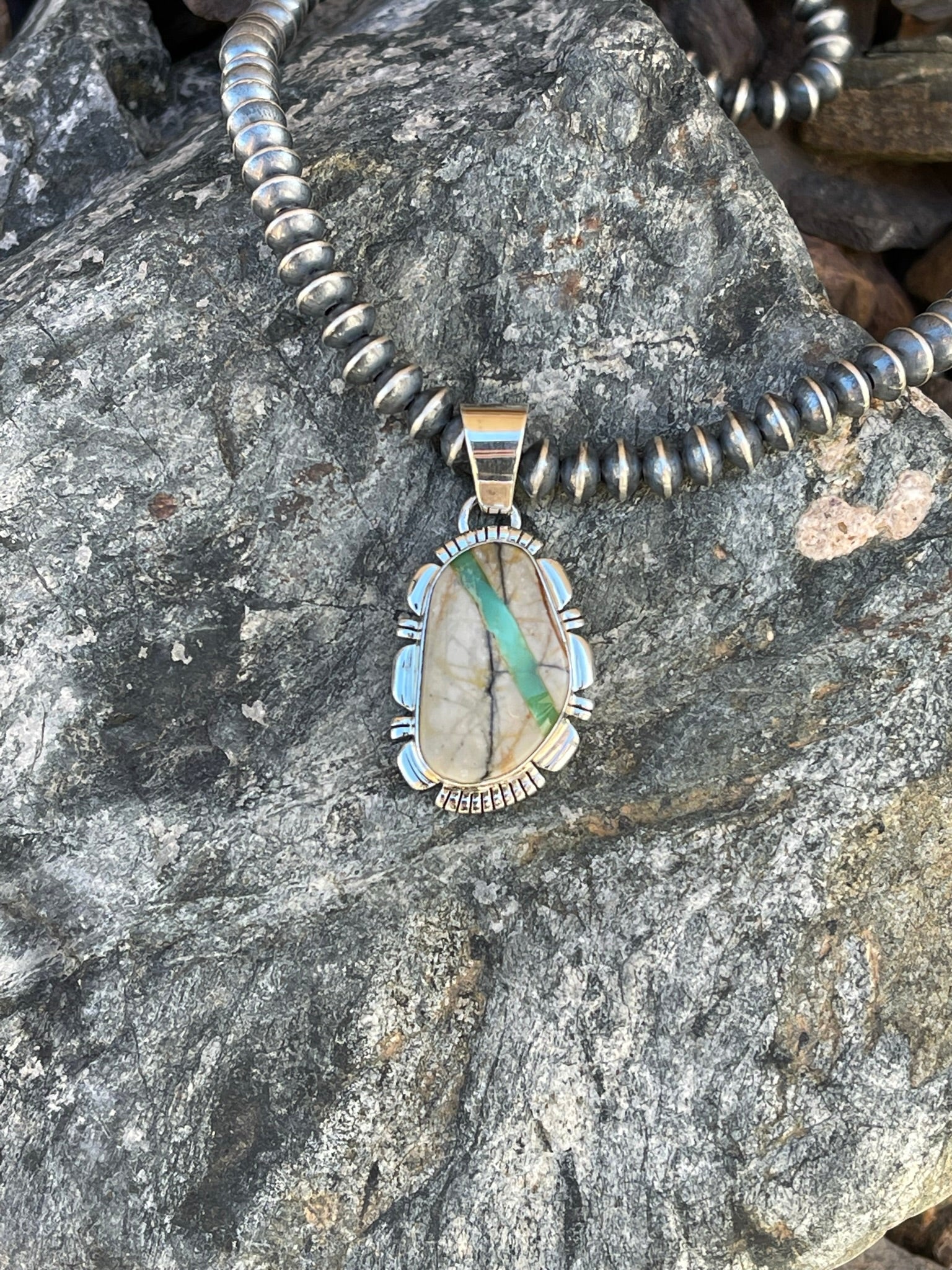 Handmade Solid Sterling Silver Boulder Ribbon Turquoise Pendant