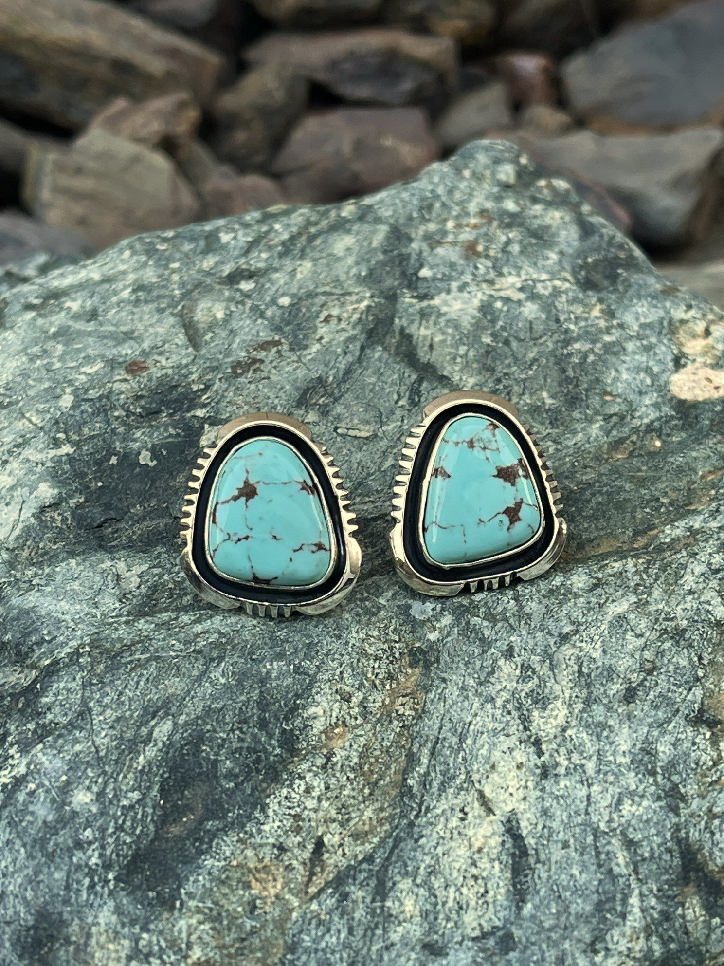 Handmade Sterling Silver Number Eight Turquoise Stud Earrings with Shadow Box Trim