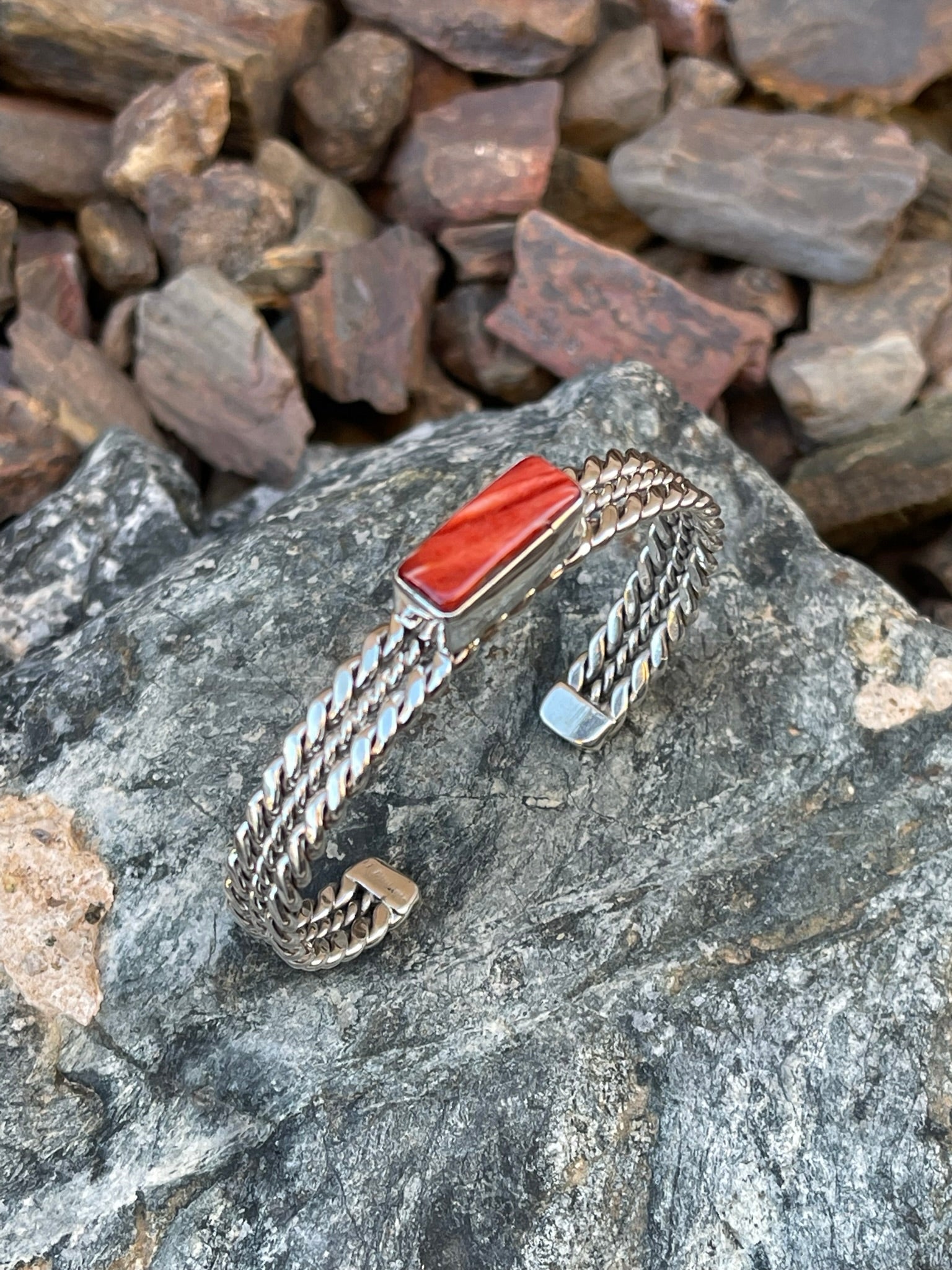 Solid Sterling Silver Red Spiny Oyster Bracelet with Triple Twist Detail