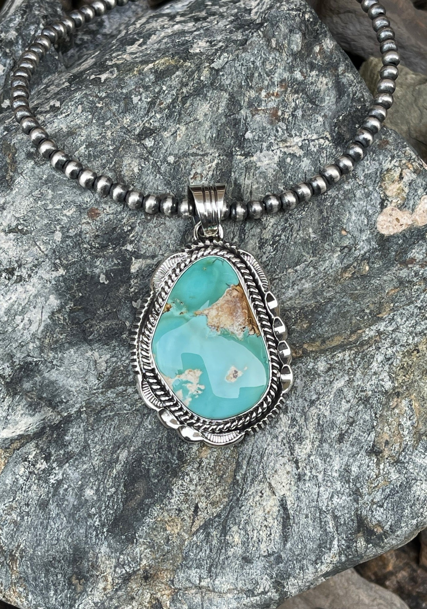 Handmade Sterling Silver Royston Turquoise Pendant with Double Trim Detail