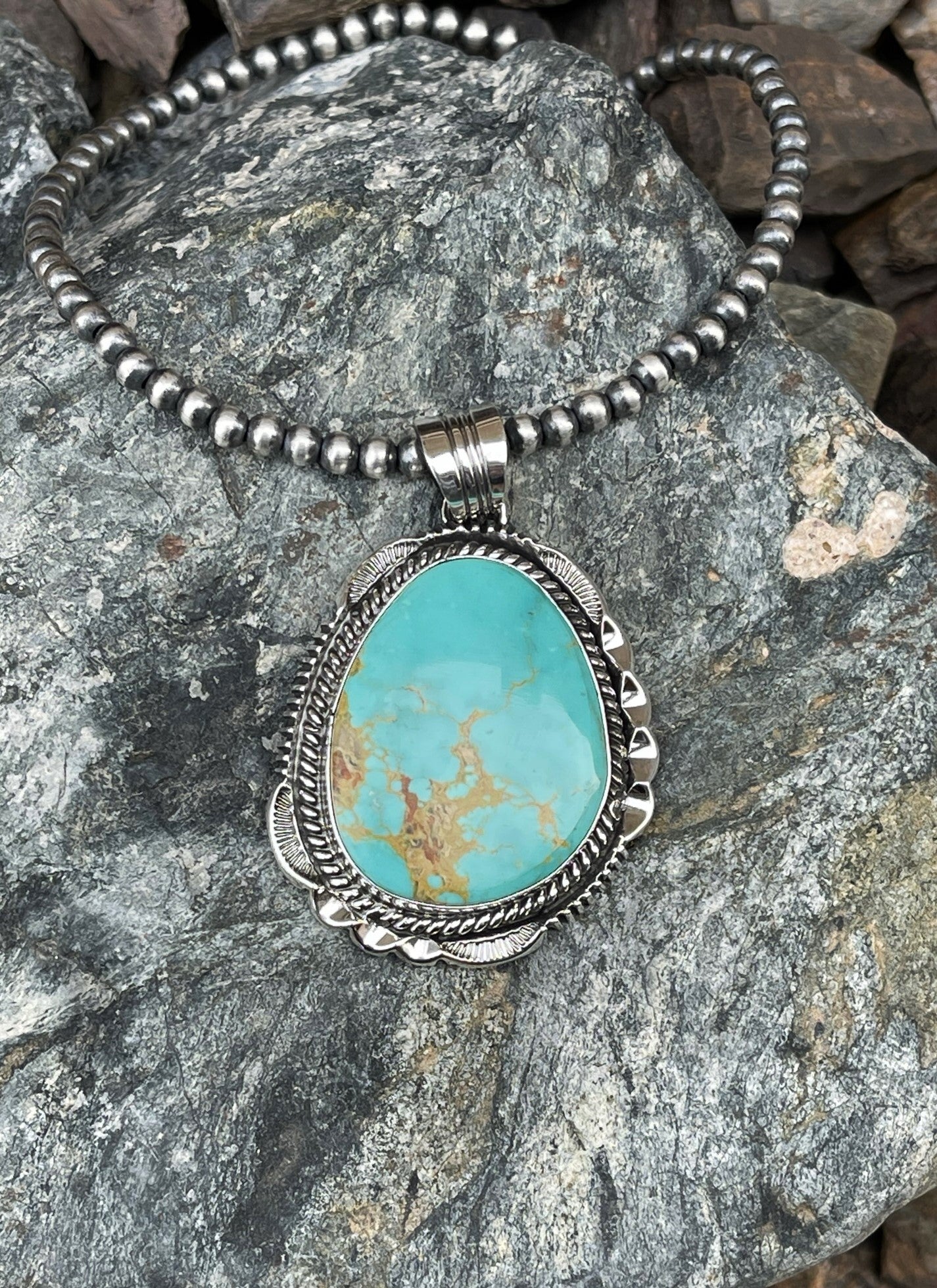 Hand Crafted Sterling Silver Royston Turquoise Pendant with Double Trim Detail