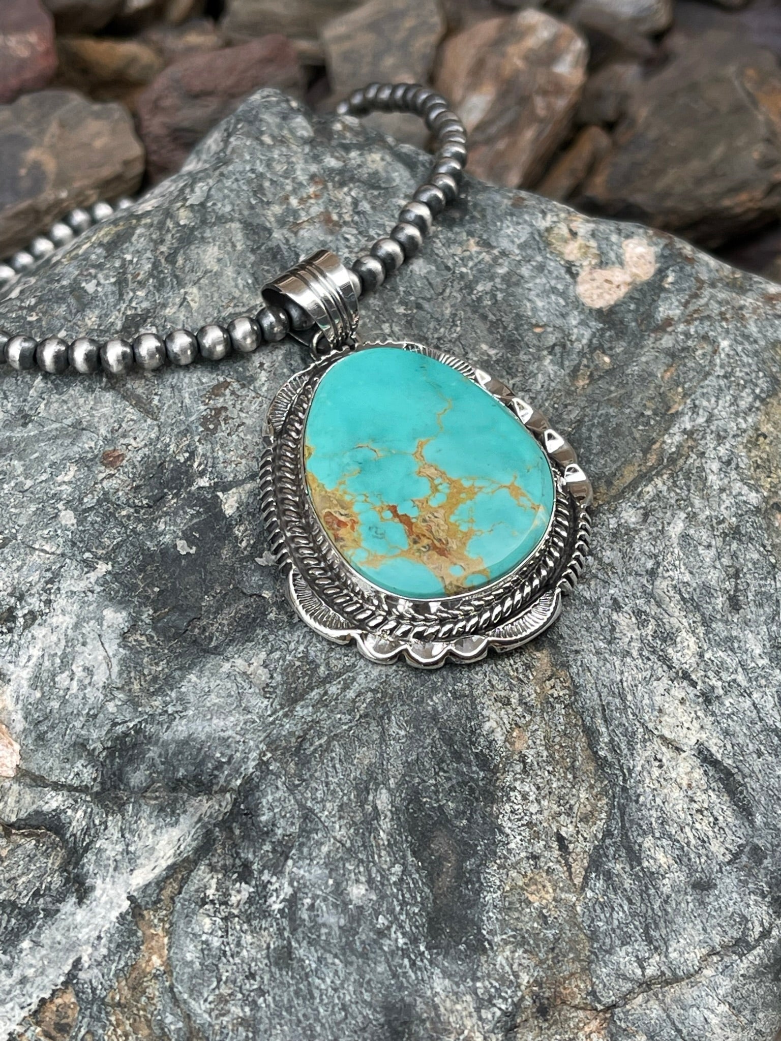 Hand Crafted Sterling Silver Royston Turquoise Pendant with Double Trim Detail
