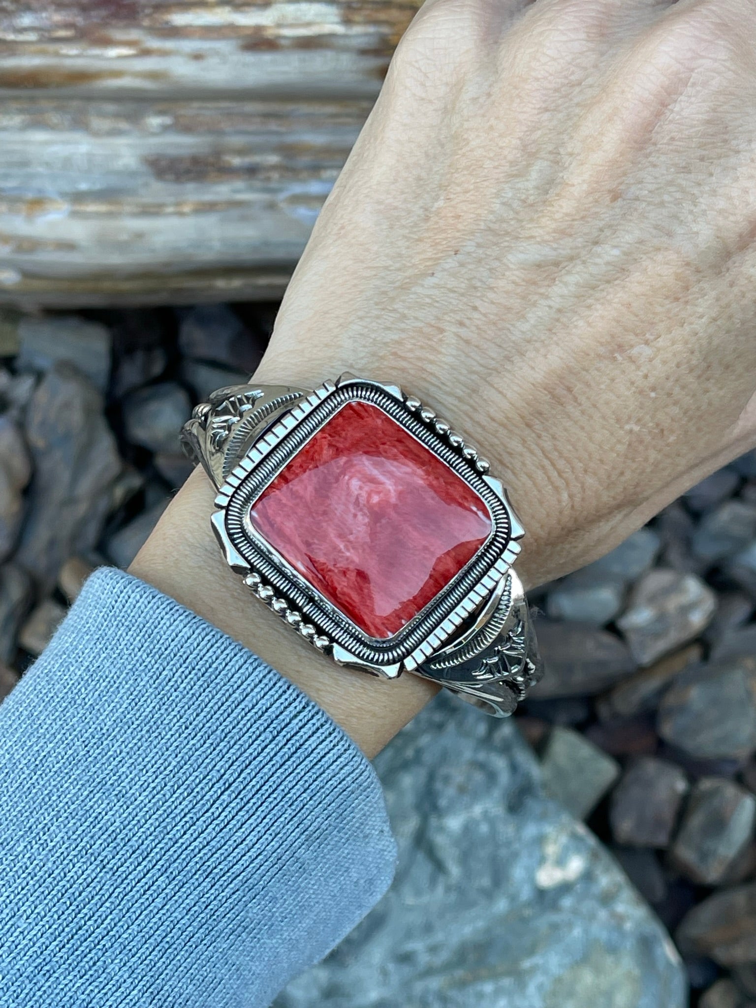 Handmade Sterling Silver Red Spiny Oyster Bracelet with Coil Detail