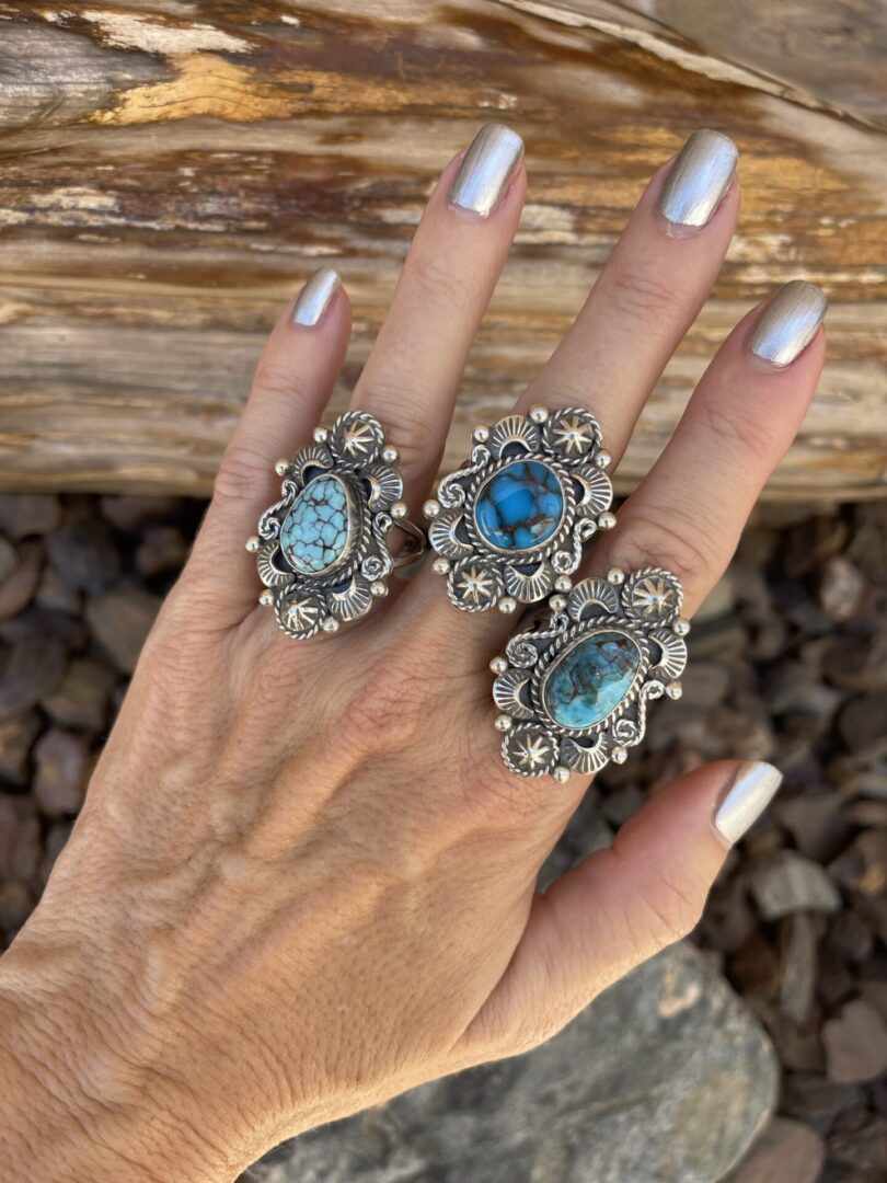 Detailed Sterling Silver Turquoise Rings in Three Fingers