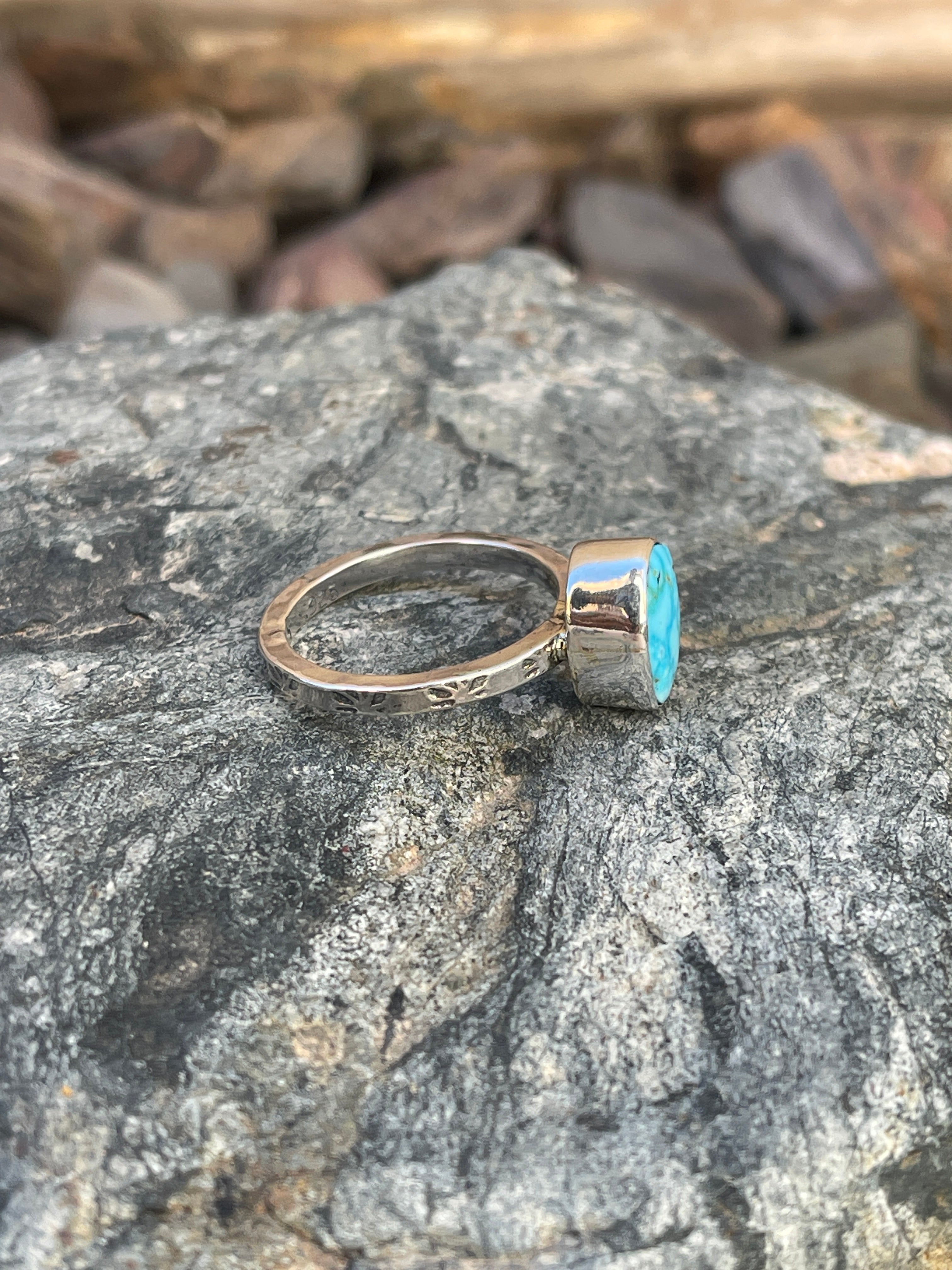 Dainty Handmade Sterling Silver Turquoise Mountain Stacker Ring  - Size 8
