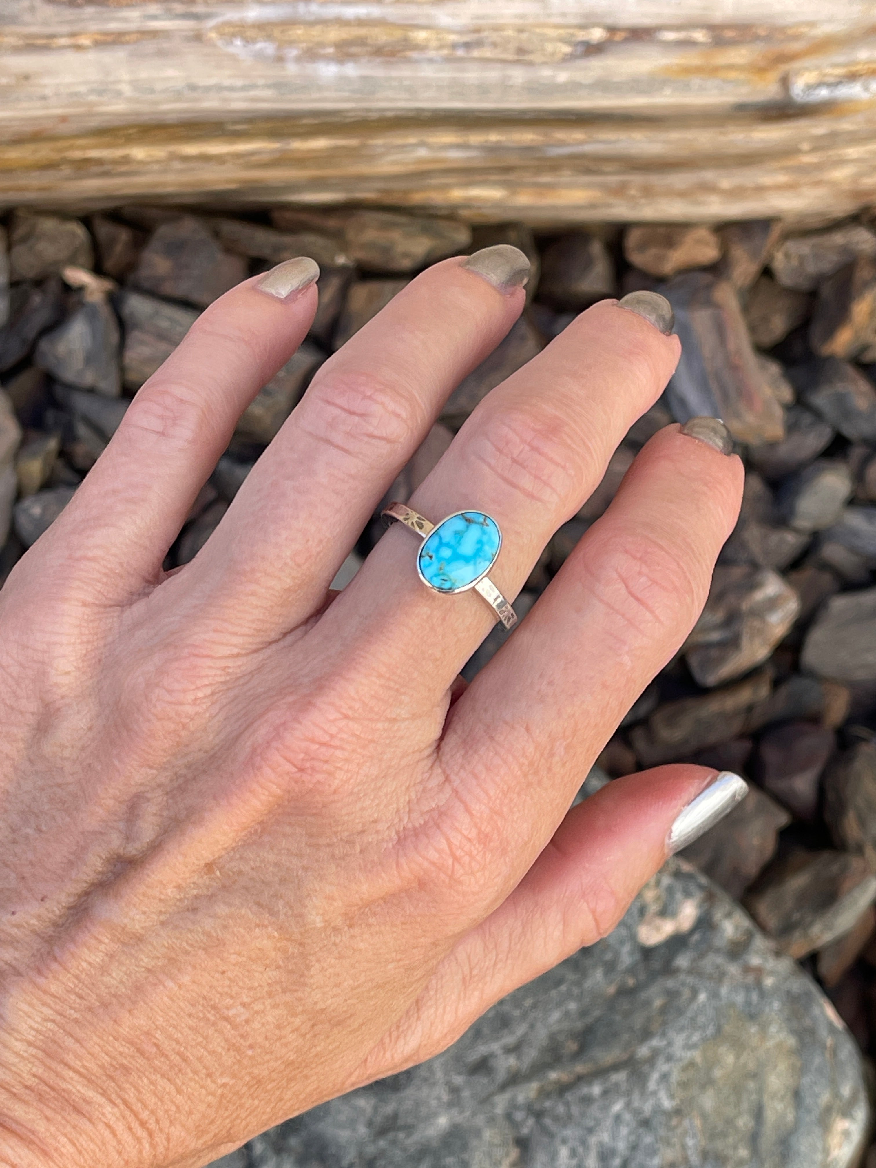 Dainty Handmade Sterling Silver Turquoise Mountain Stacker Ring  - Size 8