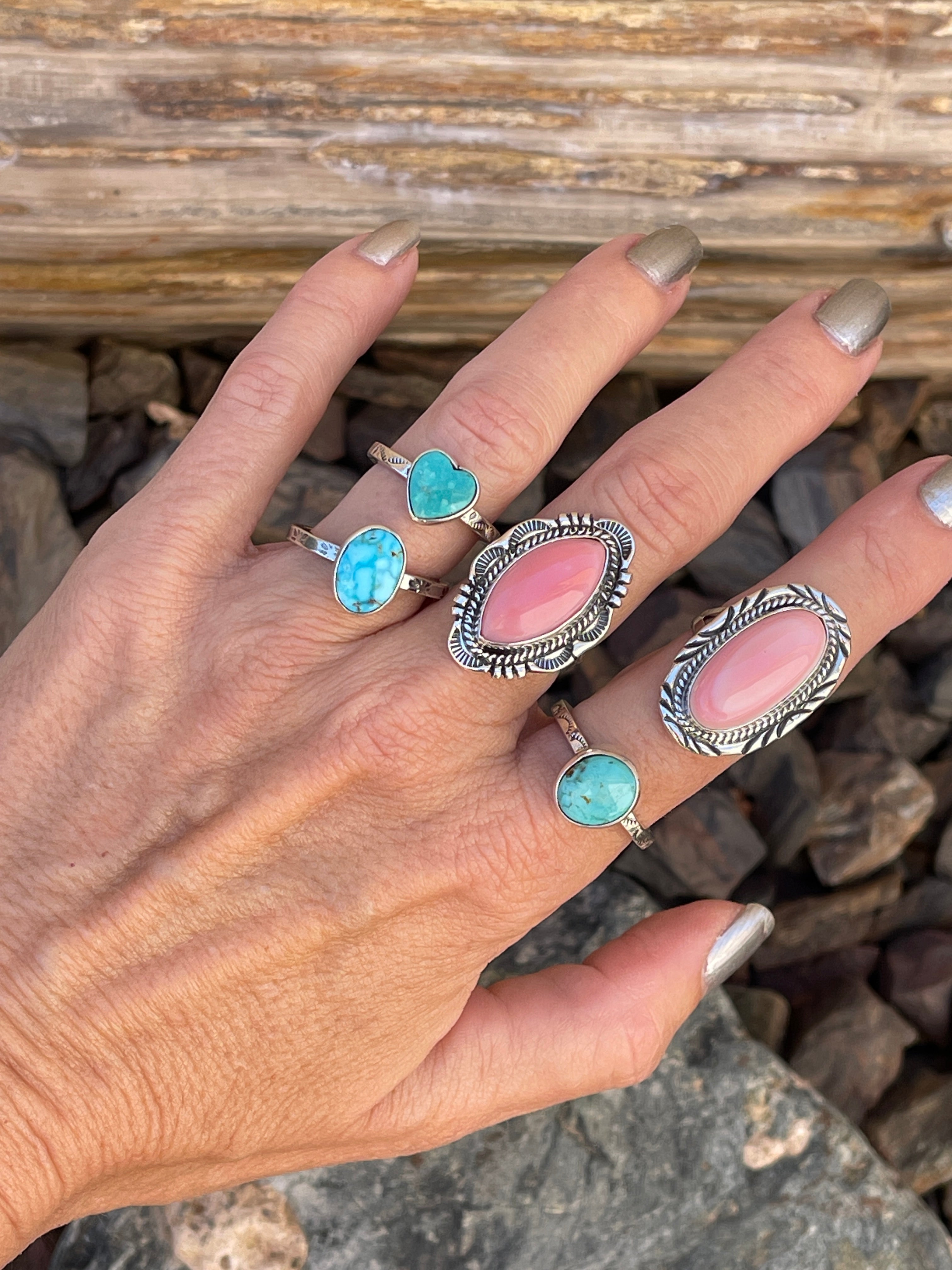 Dainty Handmade Sterling Silver Turquoise Mountain Stacker Ring  - Size 8