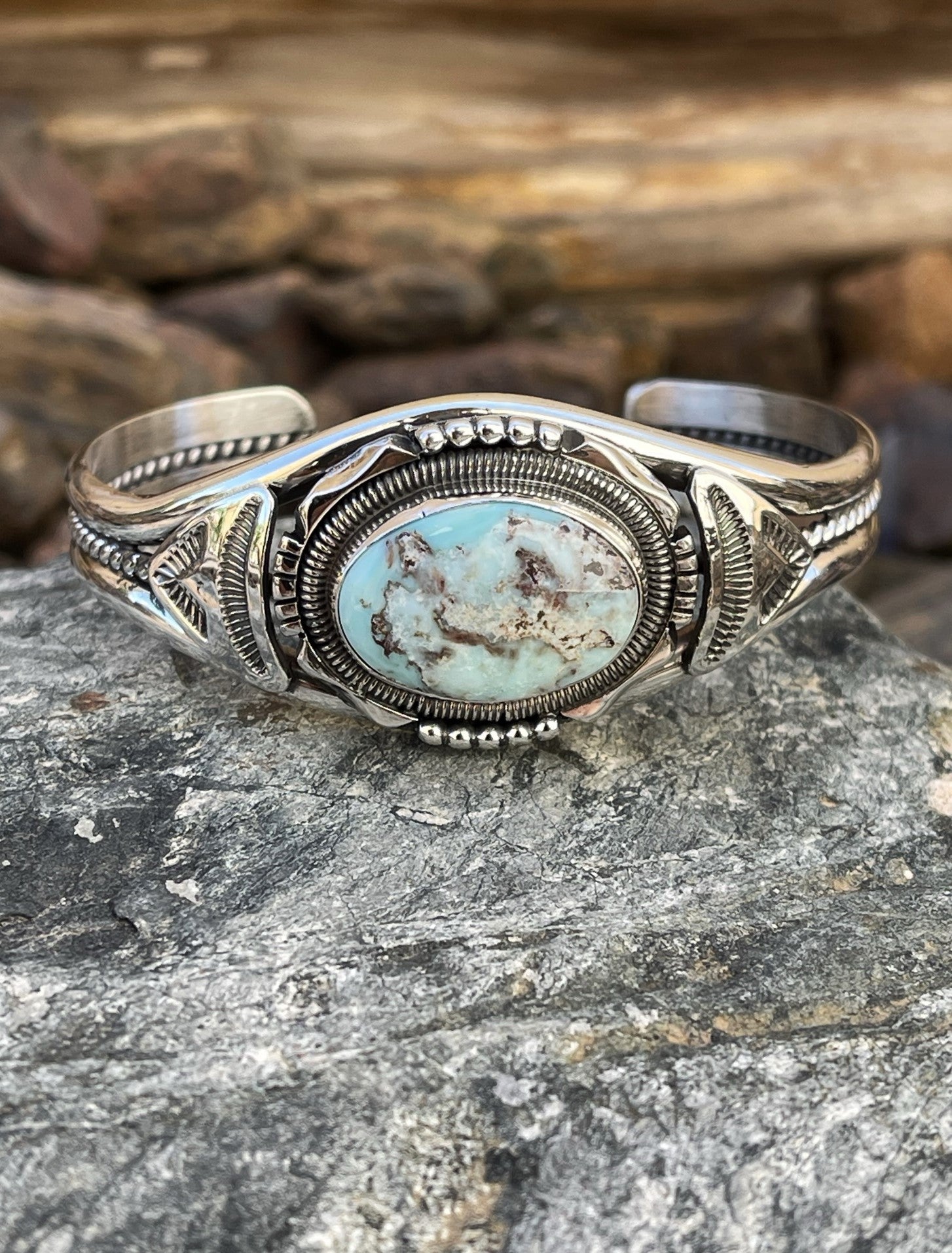Hand Crafted Solid Sterling Silver Dry Creek Turquoise bracelet with Coil Detail