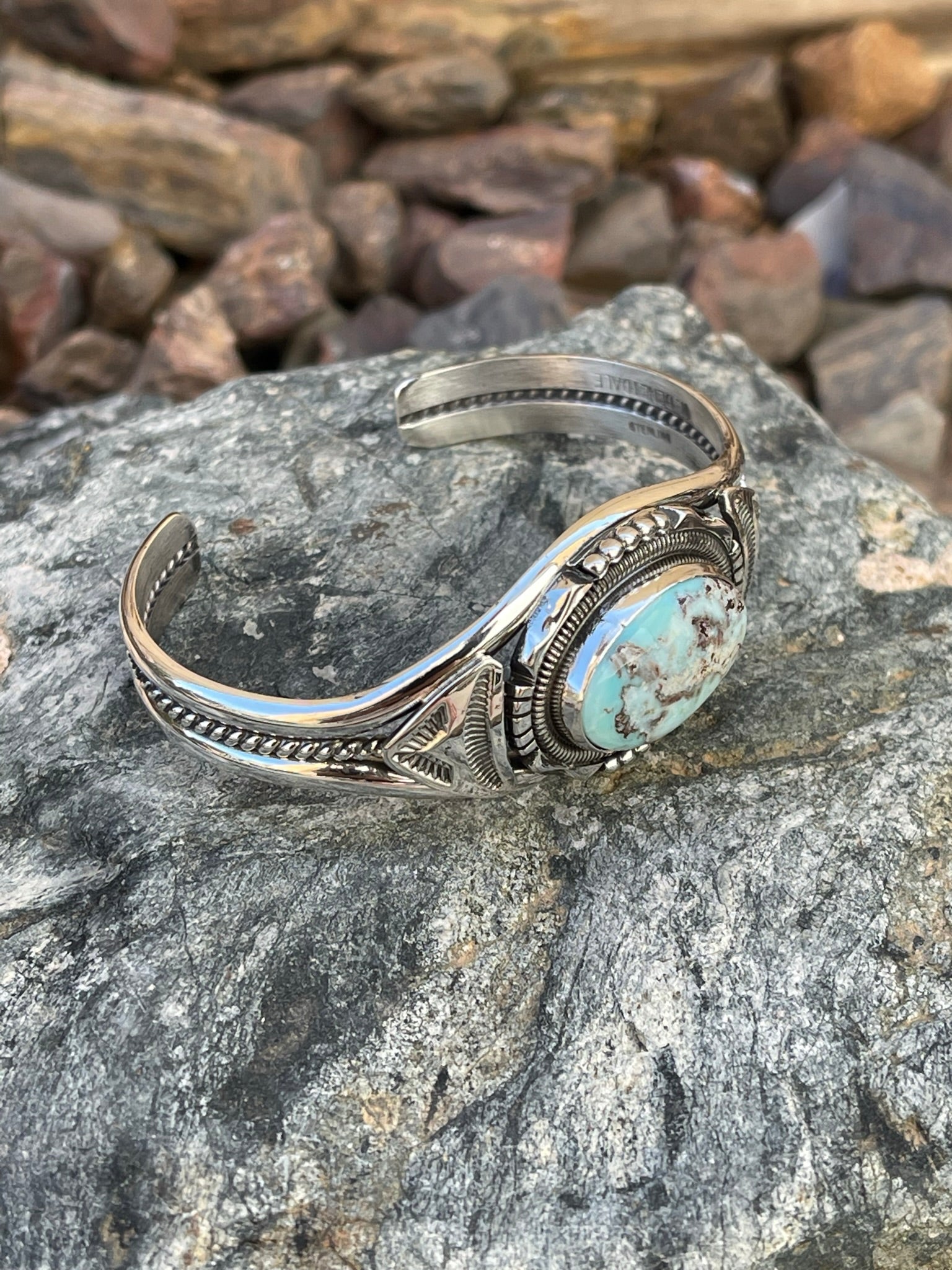 Hand Crafted Solid Sterling Silver Dry Creek Turquoise bracelet with Coil Detail