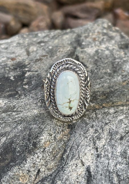 Handmade Solid Sterling Dry Creek Turquoise Ring with Stamp Trim- Size 8
