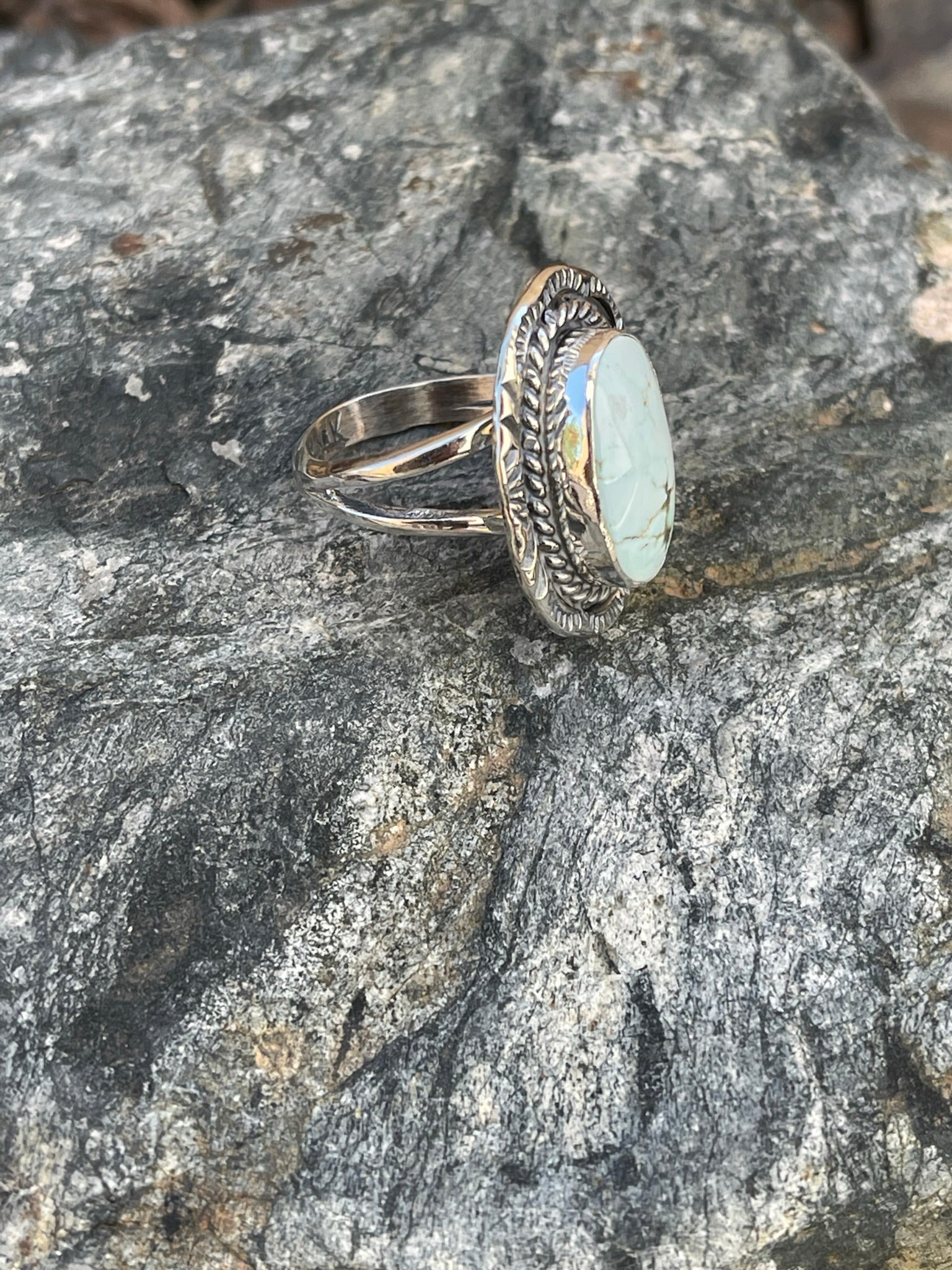 Handmade Solid Sterling Dry Creek Turquoise Ring with Stamp Trim- Size 8