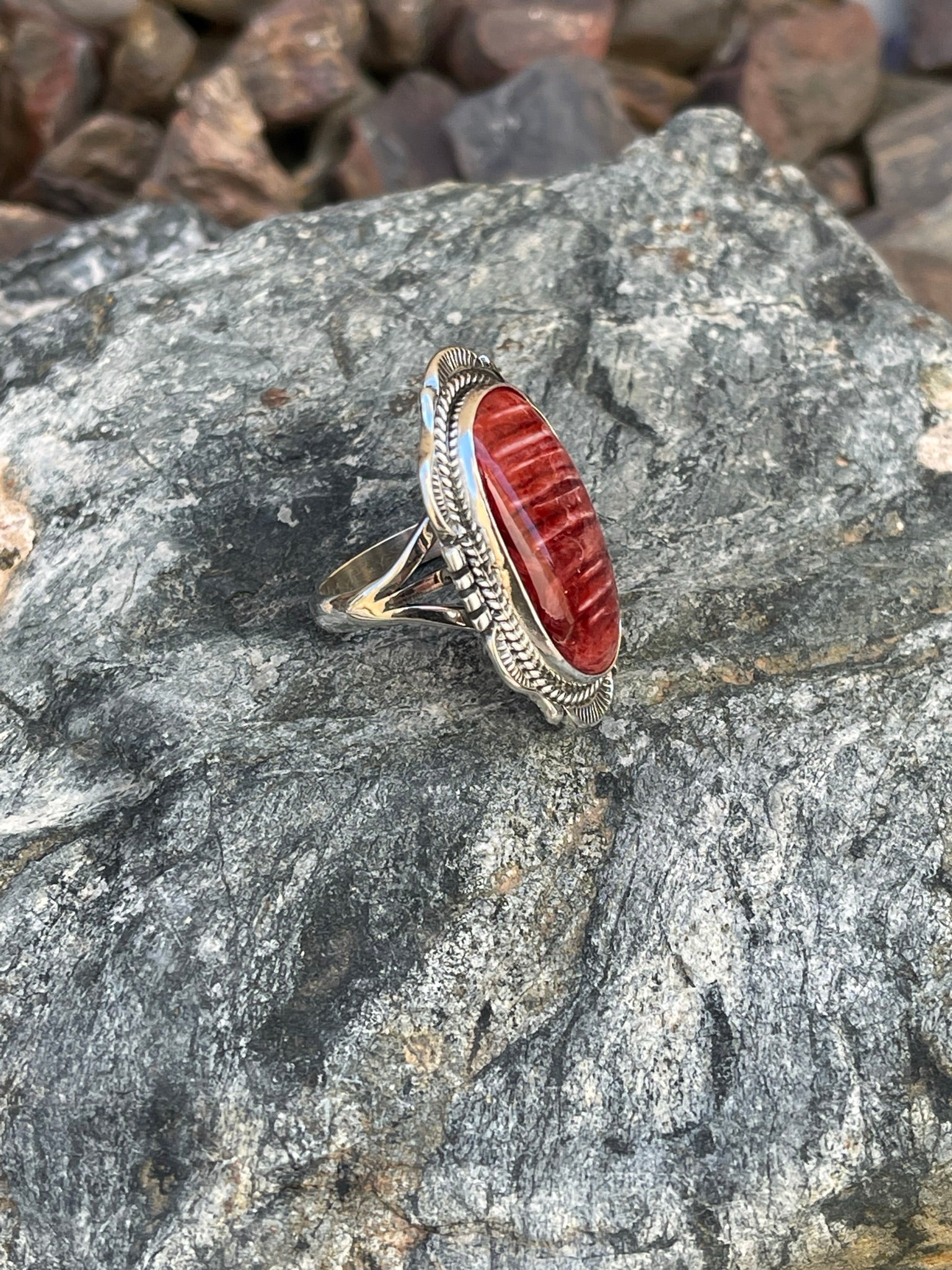 Handmade Solid Sterling Red Spiny Oyster Ring with Hand Stamped Detail - Size 6 1/2