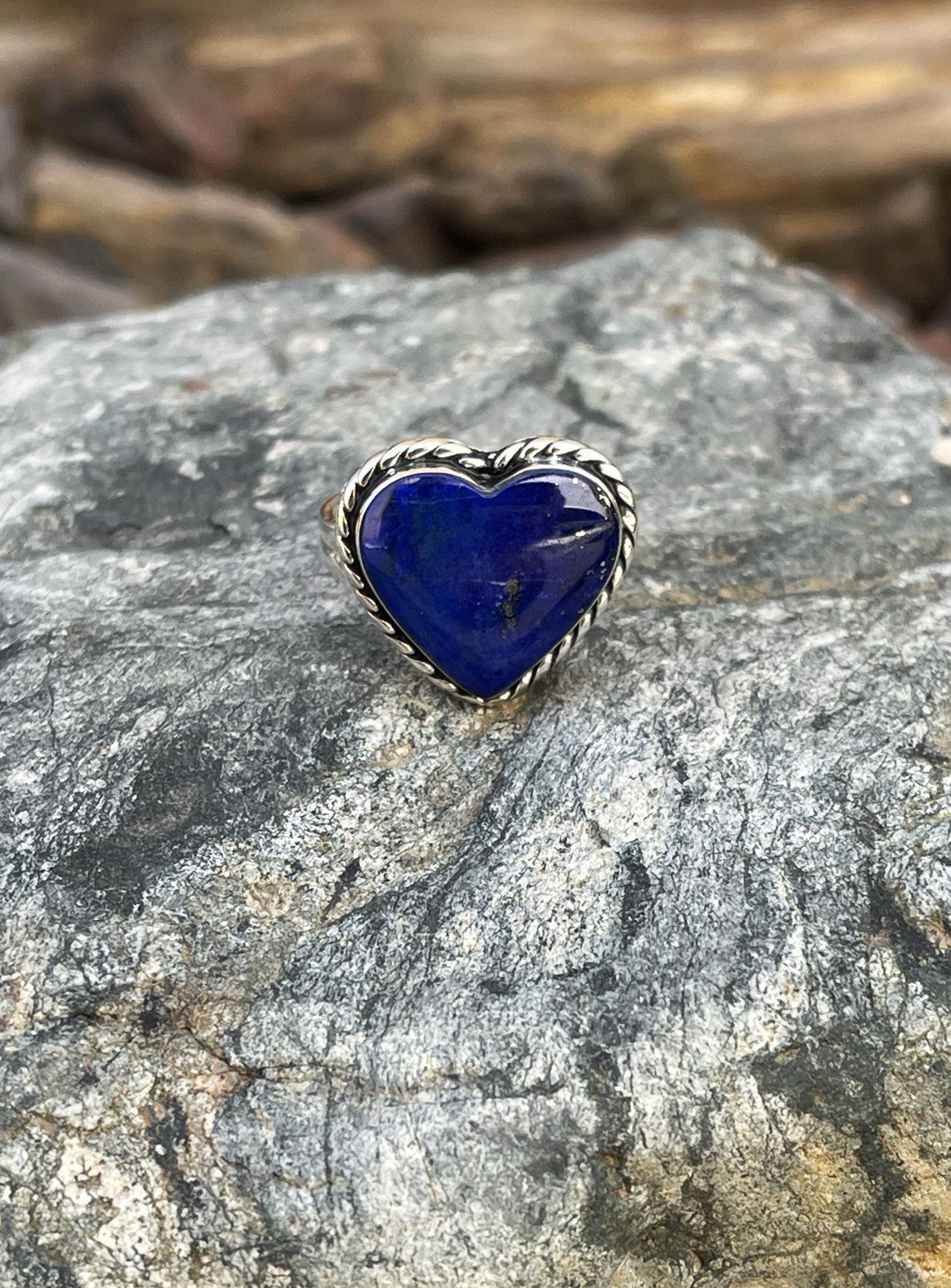 Hand Crafted Solid Sterling Blue Lapis Heart Ring with Twist Trim- Size 9
