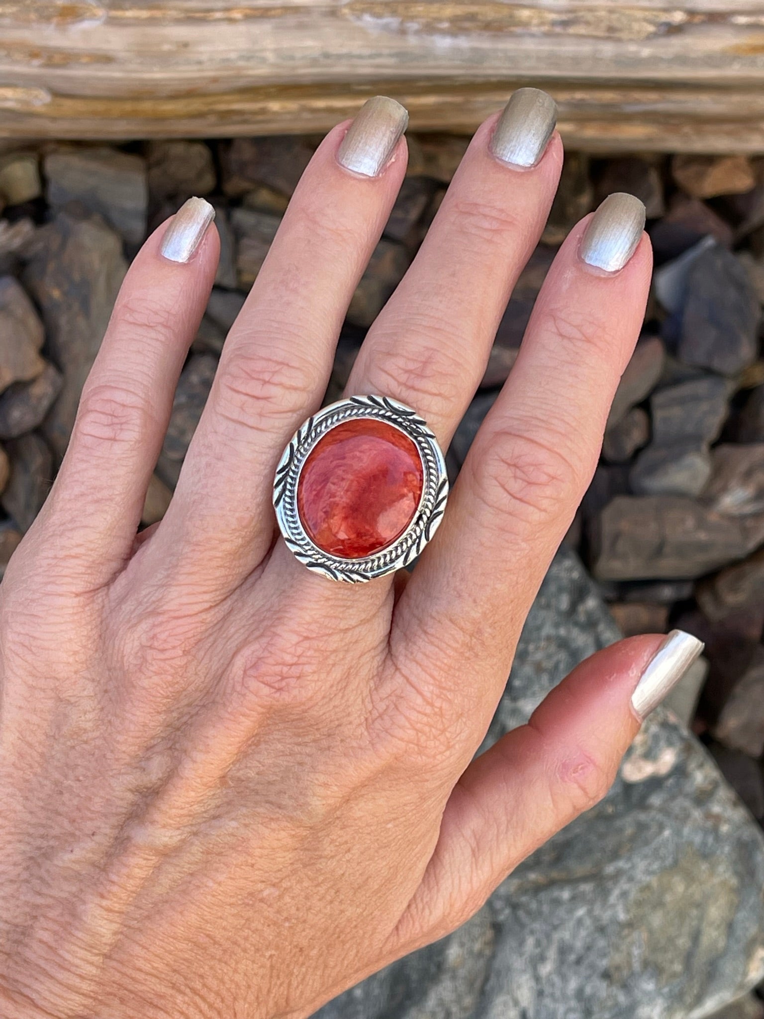 Handmade Solid Sterling Round Red Spiny Oyster Ring with Hand Stamped Detail - Size 7