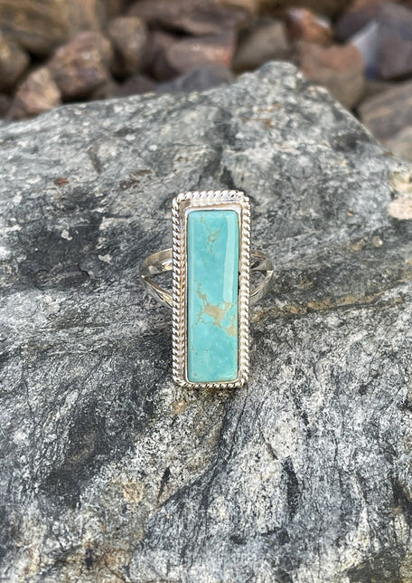 Handmade Solid Sterling Silver Rectangle Cut Kingman Turquoise Ring- Size 8 1/2