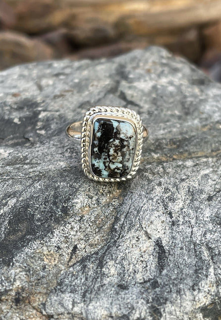 Hand Crafted Solid Sterling Silver Stormy Mountain Turquoise Ring with Twist Trim- Size 7 1/2