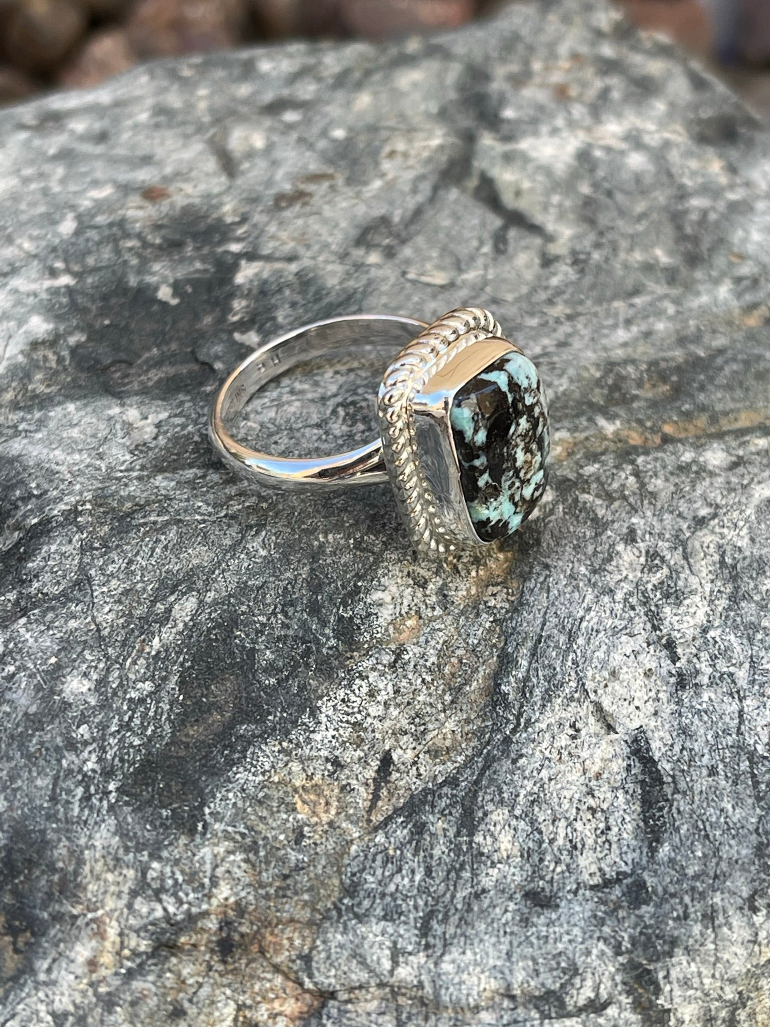 Hand Crafted Solid Sterling Silver Stormy Mountain Turquoise Ring with Twist Trim- Size 7 1/2
