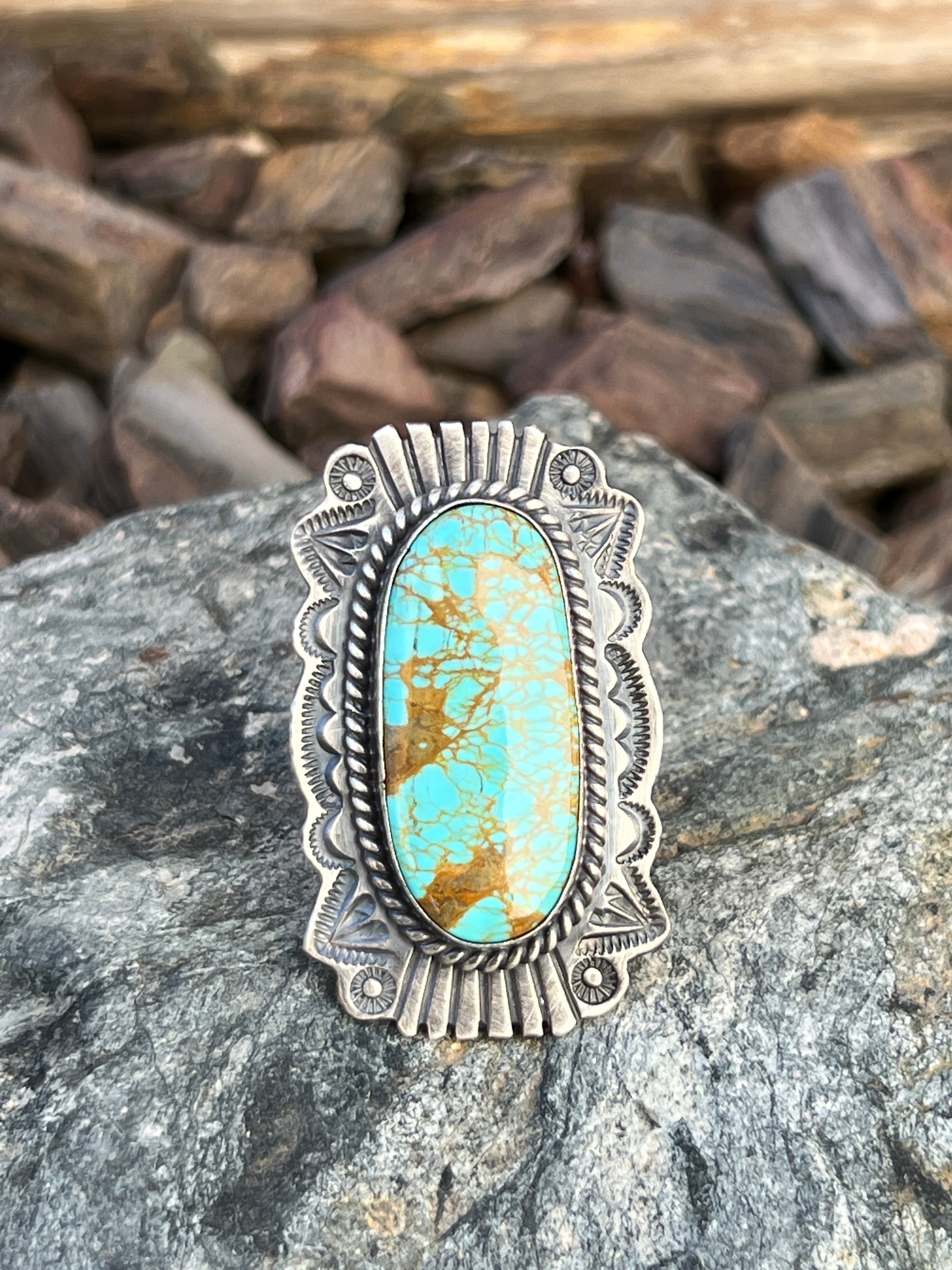 Large Handmade Sterling Silver Kingman Turquoise Statement Ring with Stamp Detail - Size 9 1/2
