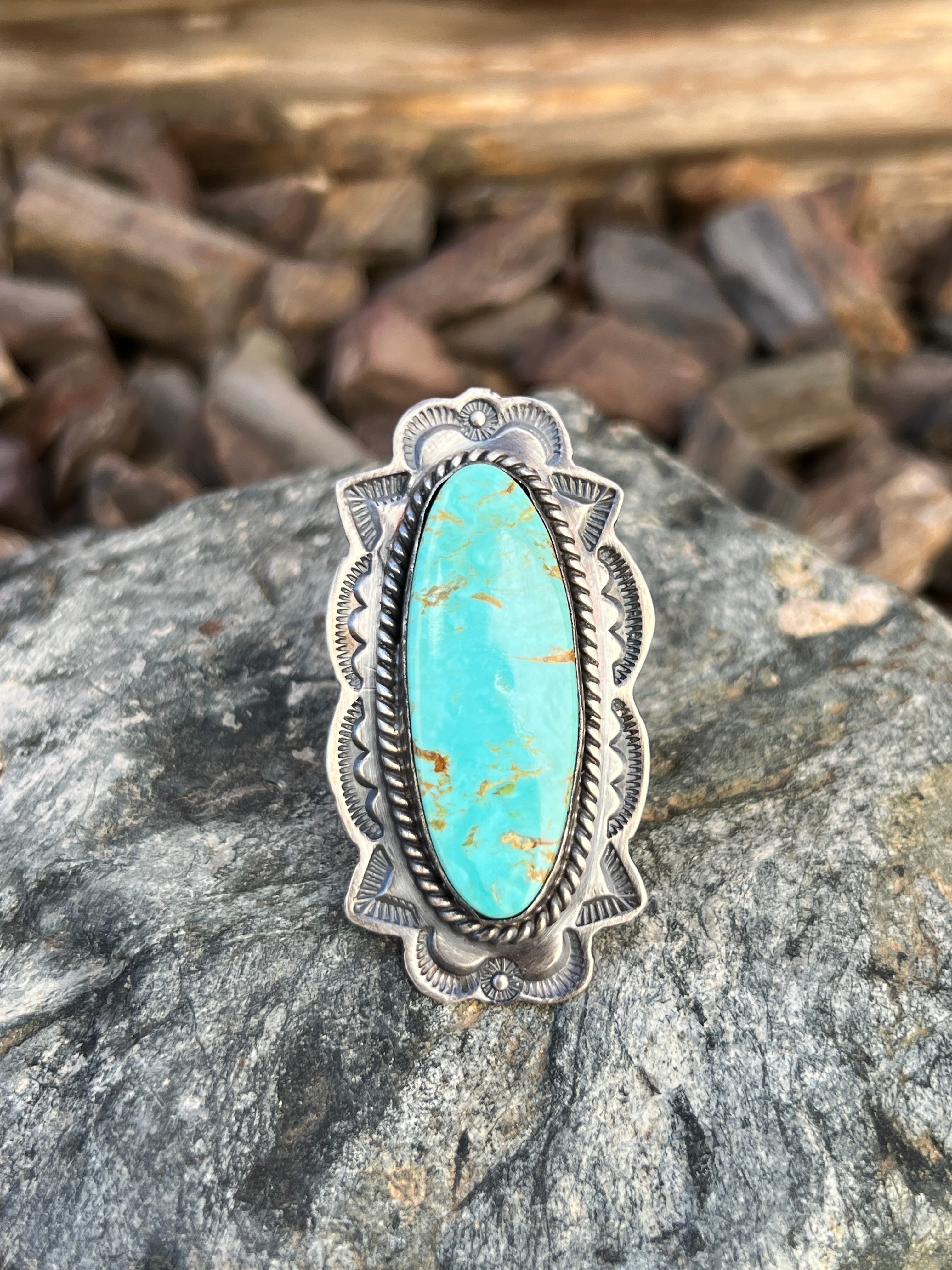 Large Handmade Solid Sterling Silver Kingman Turquoise Statement Ring with Wide Stamp Trim - Size 7
