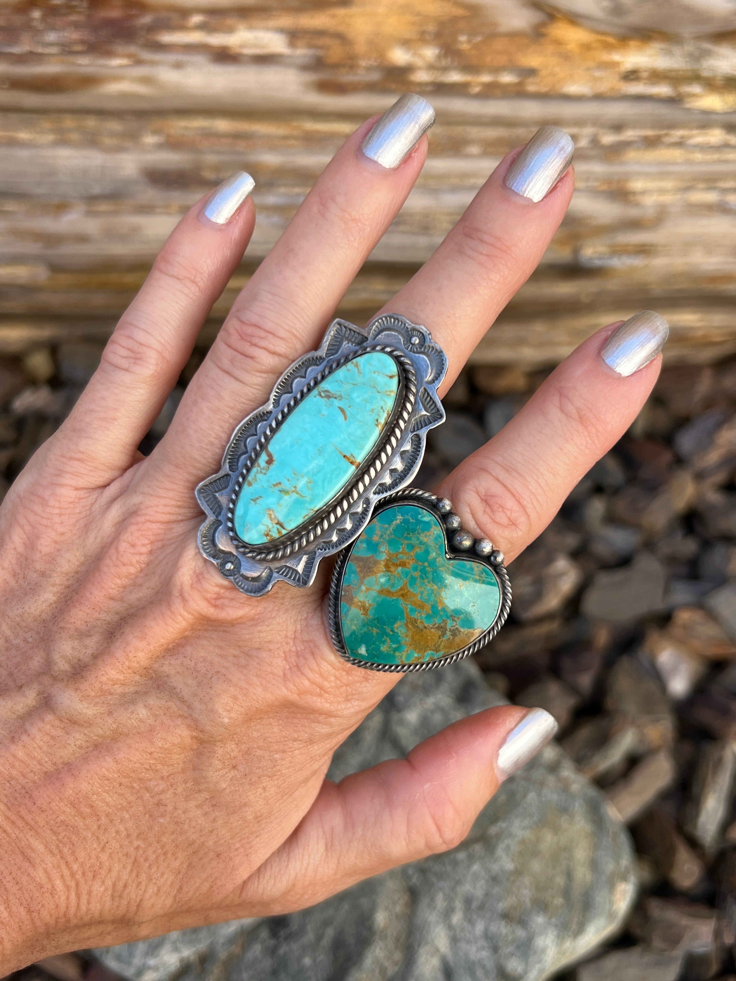 Handmade Solid Sterling Silver Kingman Turquoise Heart Ring with Satin Finish - Size 7 1/2