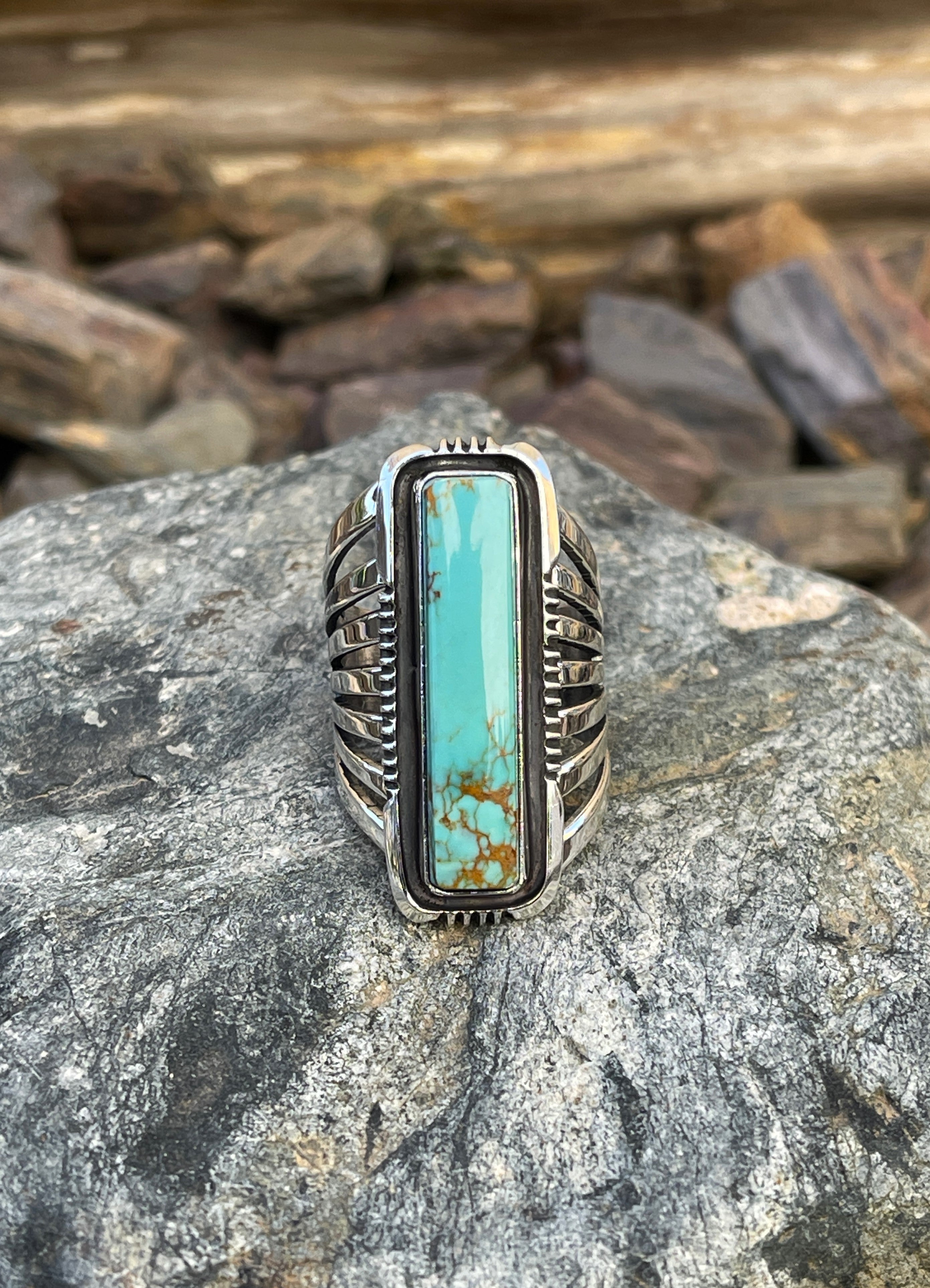 Handmade Sterling Silver Kingman Turquoise Five Prong Ring with Shadow Box Trim - Size 9 1/2