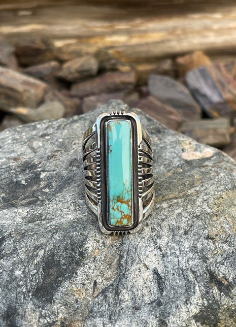 Handmade Sterling Silver Kingman Turquoise Five Prong Ring with Shadow Box Trim - Size 9 1/2