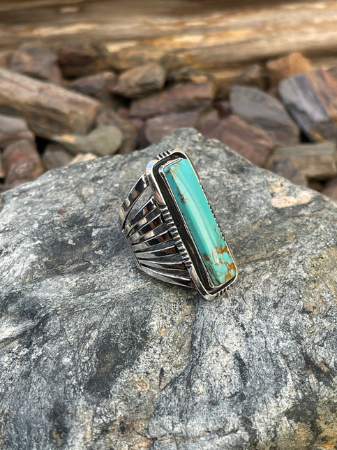 Handmade Sterling Silver Kingman Turquoise Five Prong Ring with Shadow Box Trim - Size 9 1/2