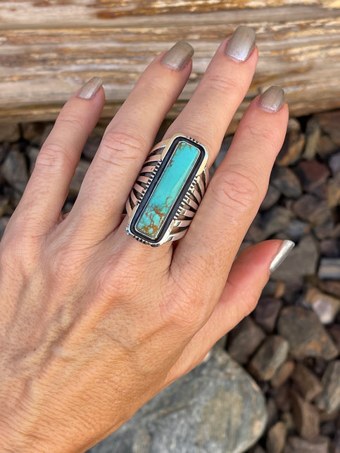 Handmade Sterling Silver Kingman Turquoise Five Prong Ring with Shadow Box Trim - Size 9 1/2