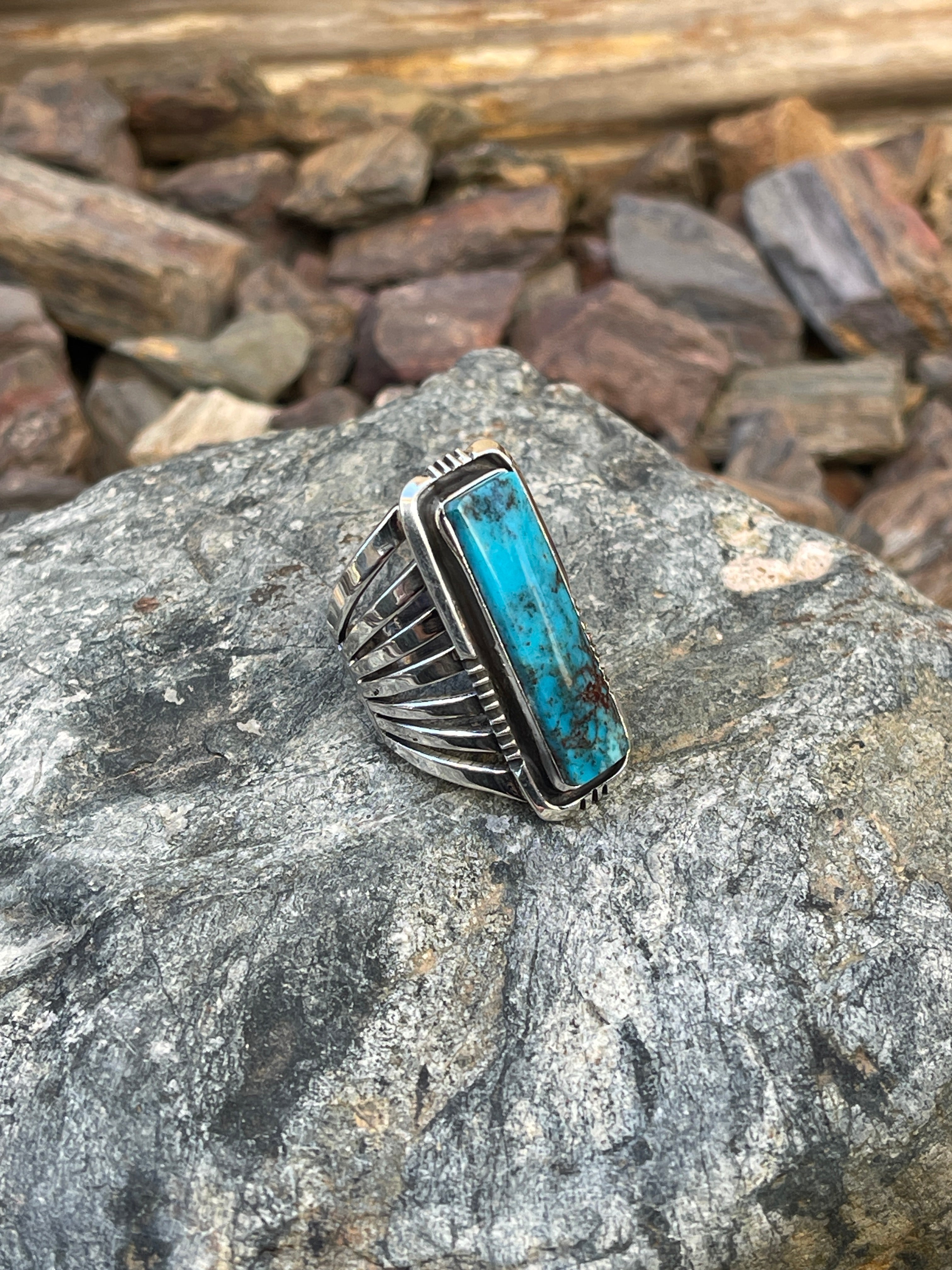 Signature Handmade Sterling Silver Blue Kingman Turquoise Seven Prong Ring - Size 8